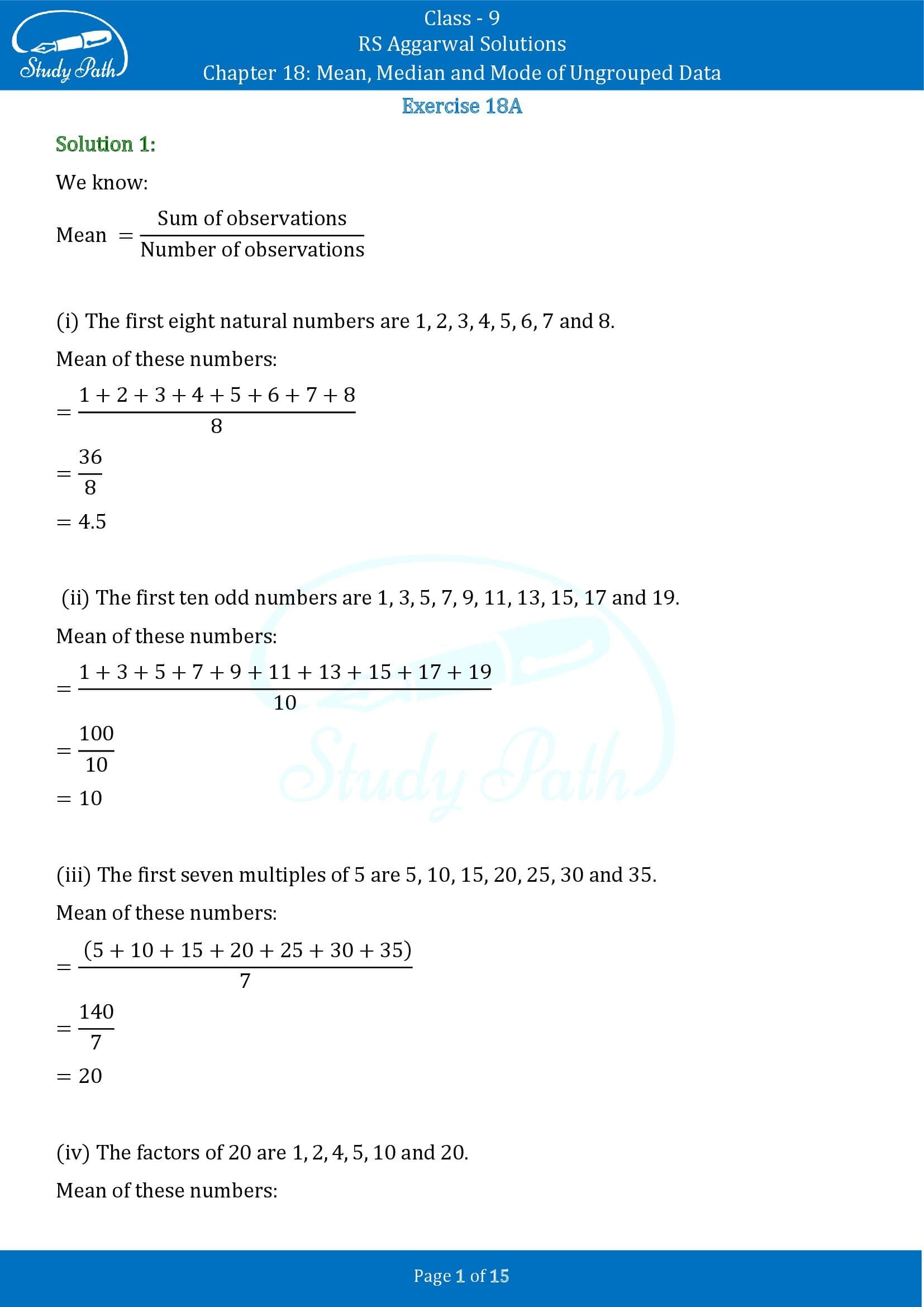 RS Aggarwal Solutions Class 9 Chapter 18 Mean Median and Mode of Ungrouped Data Exercise 18A 00001