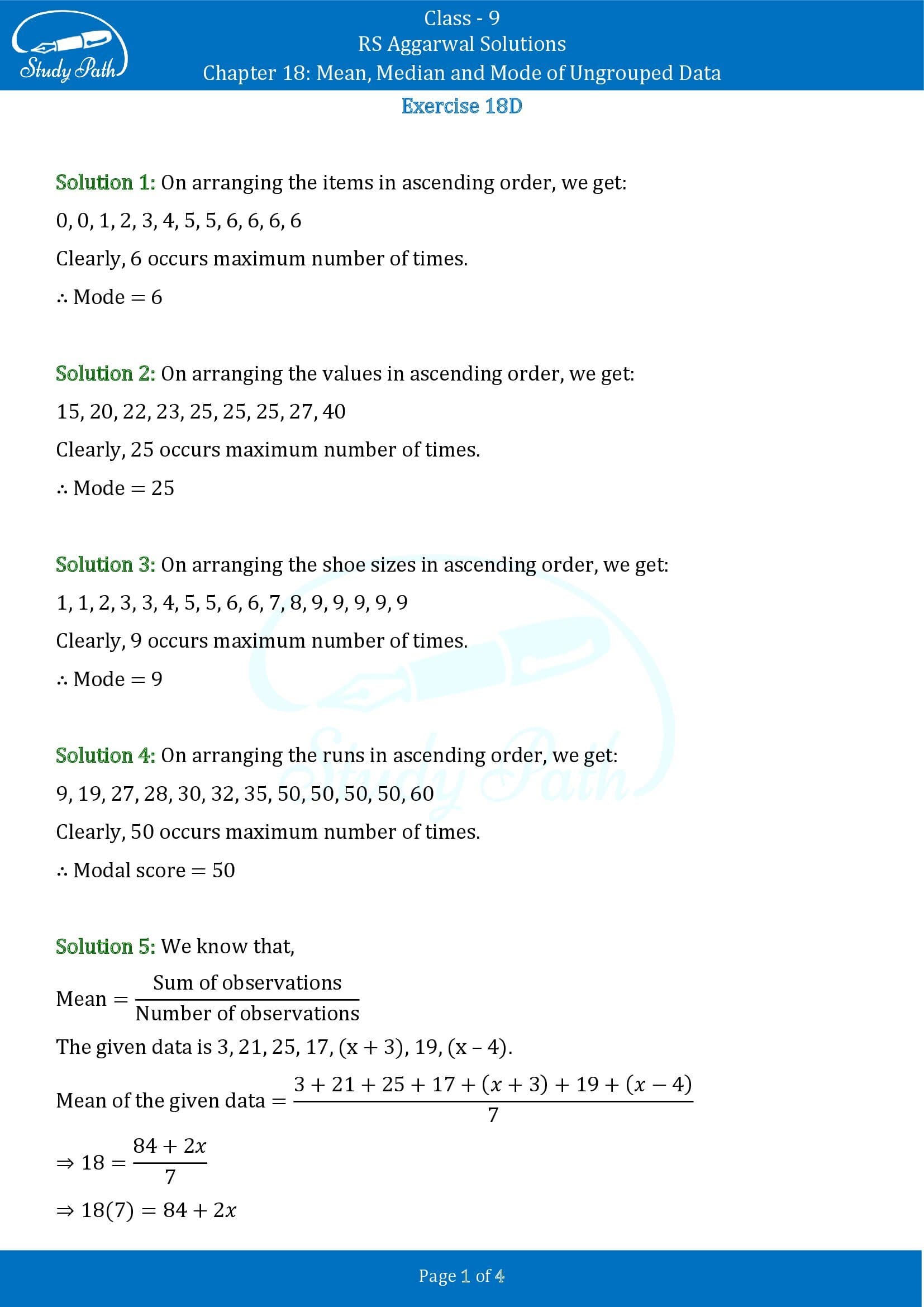 RS Aggarwal Solutions Class 9 Chapter 18 Mean Median and Mode of Ungrouped Data Exercise 18D 00001