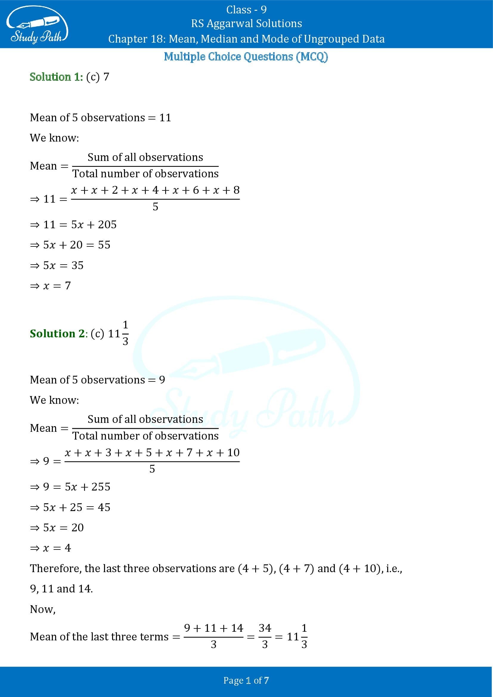 RS Aggarwal Solutions Class 9 Chapter 18 Mean Median and Mode of Ungrouped Data Multiple Choice Questions MCQs 00001