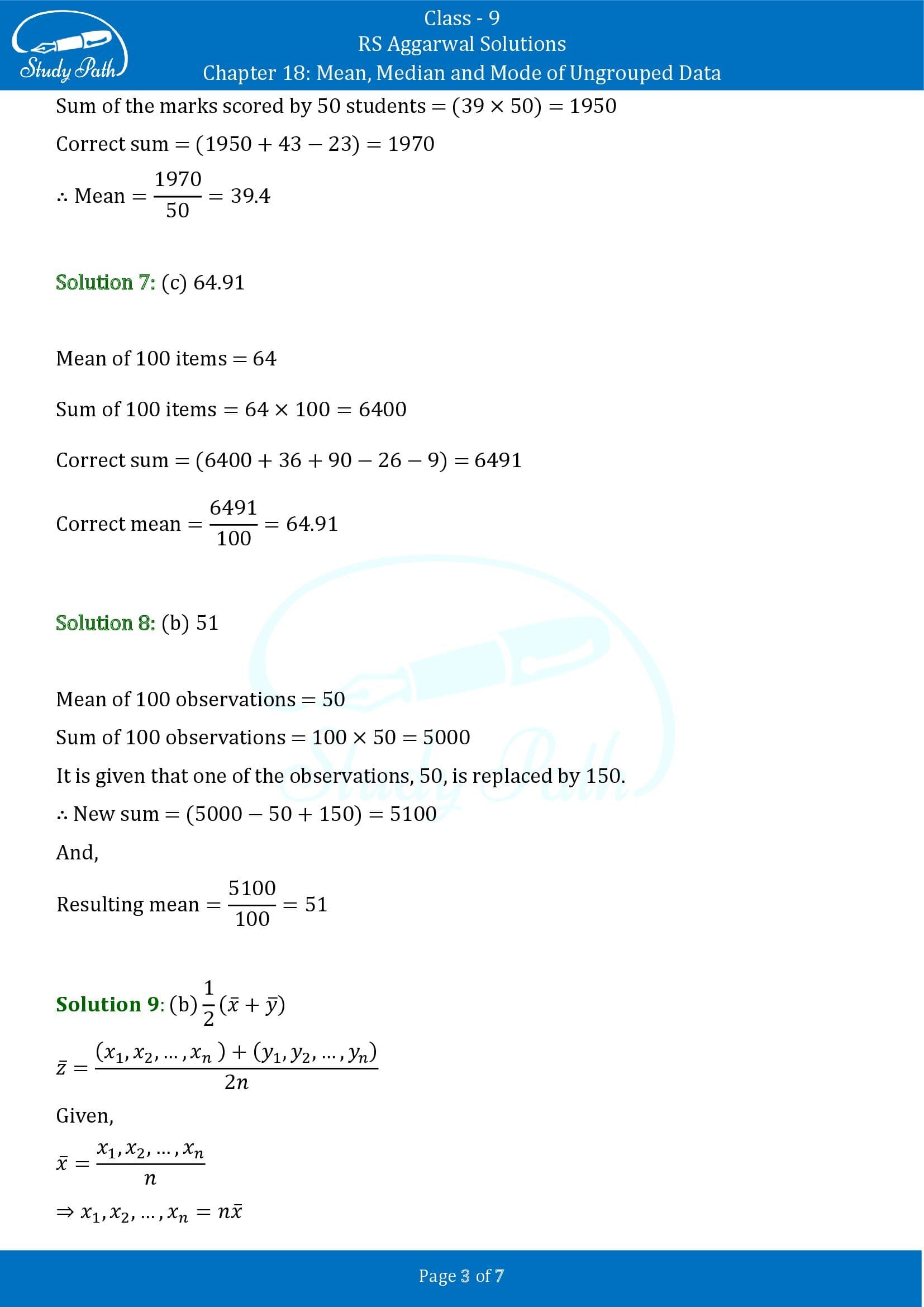 RS Aggarwal Solutions Class 9 Chapter 18 Mean Median and Mode of Ungrouped Data Multiple Choice Questions MCQs 00003