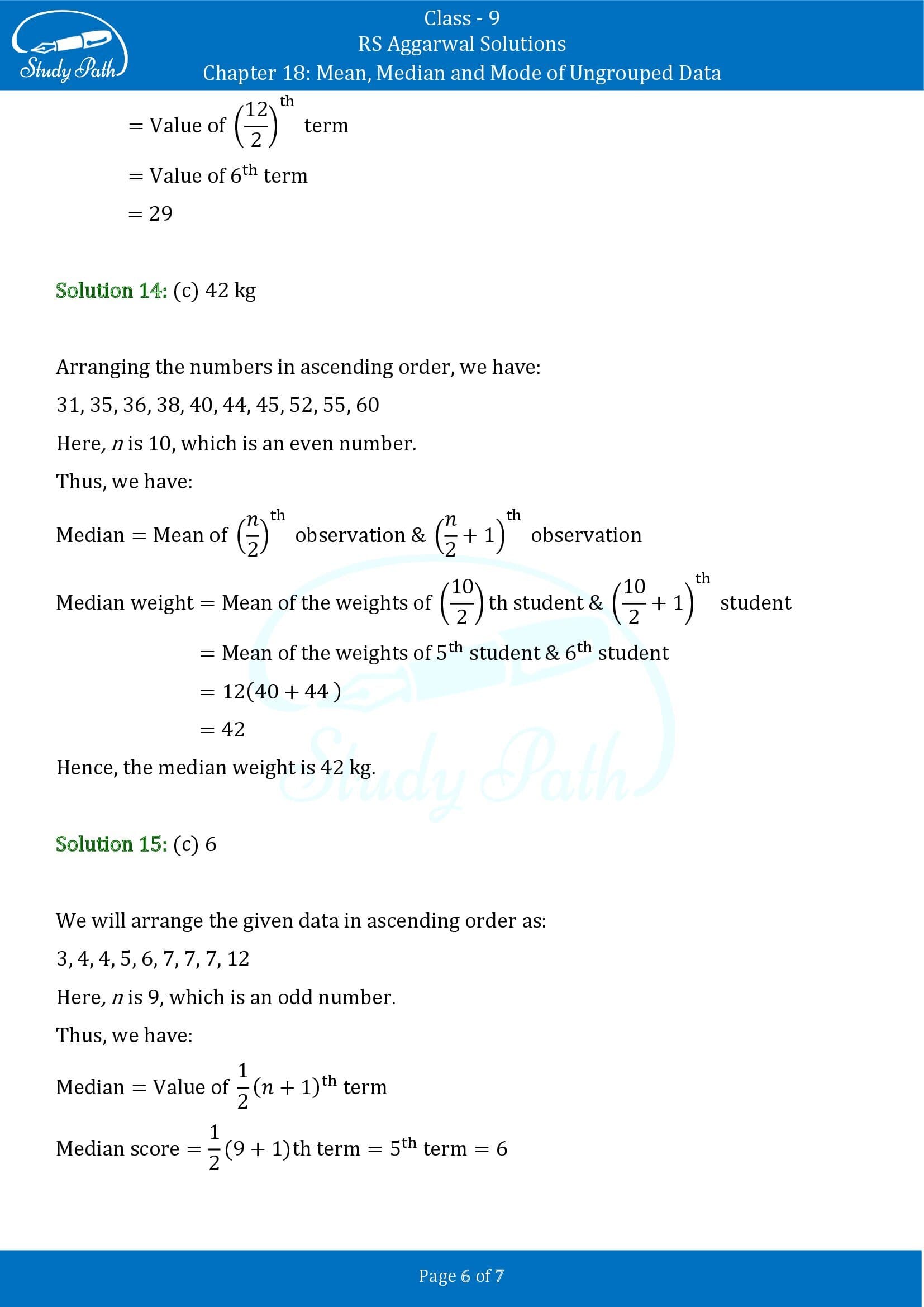 RS Aggarwal Solutions Class 9 Chapter 18 Mean Median and Mode of Ungrouped Data Multiple Choice Questions MCQs 00006