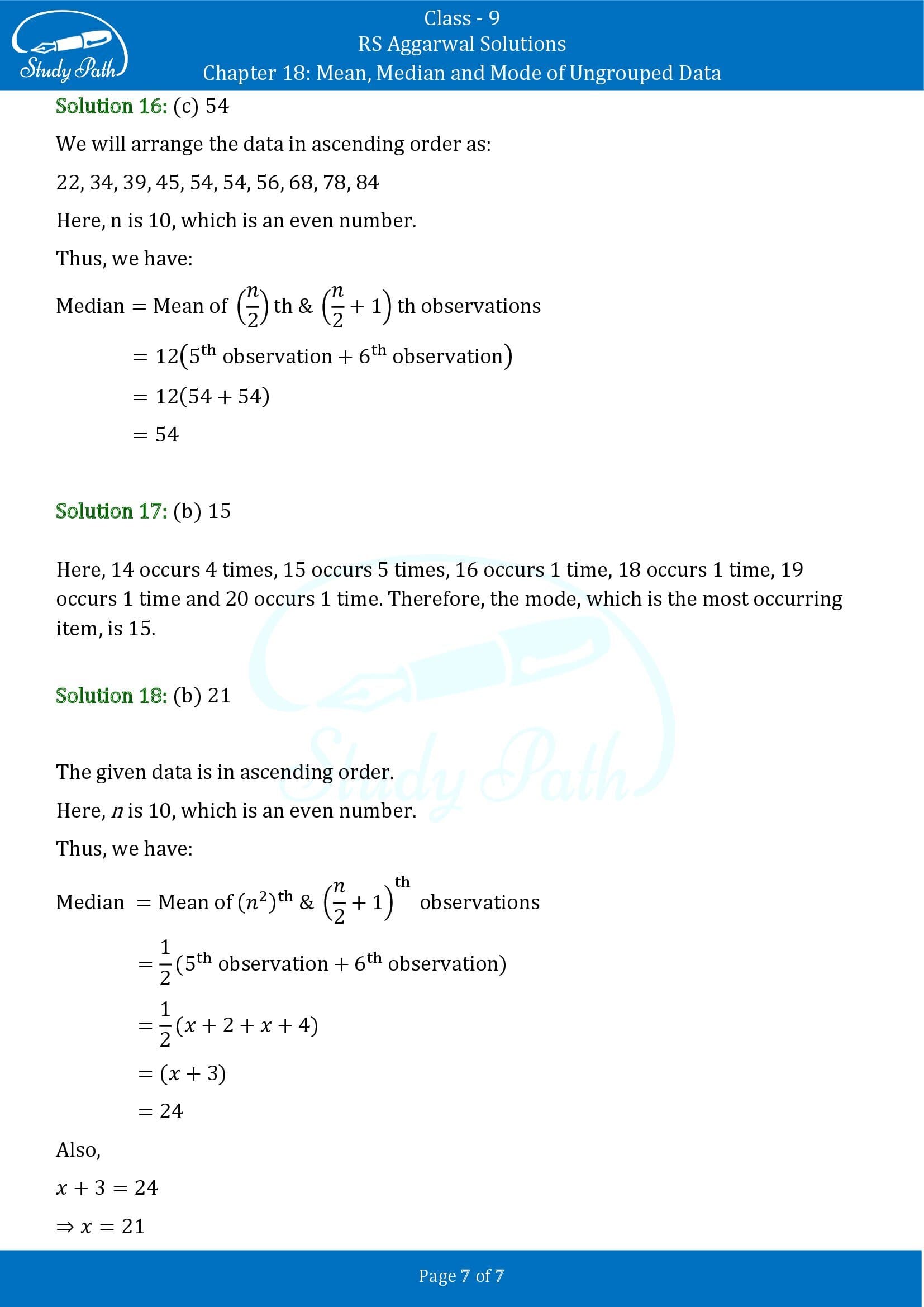 RS Aggarwal Solutions Class 9 Chapter 18 Mean Median and Mode of Ungrouped Data Multiple Choice Questions MCQs 00007