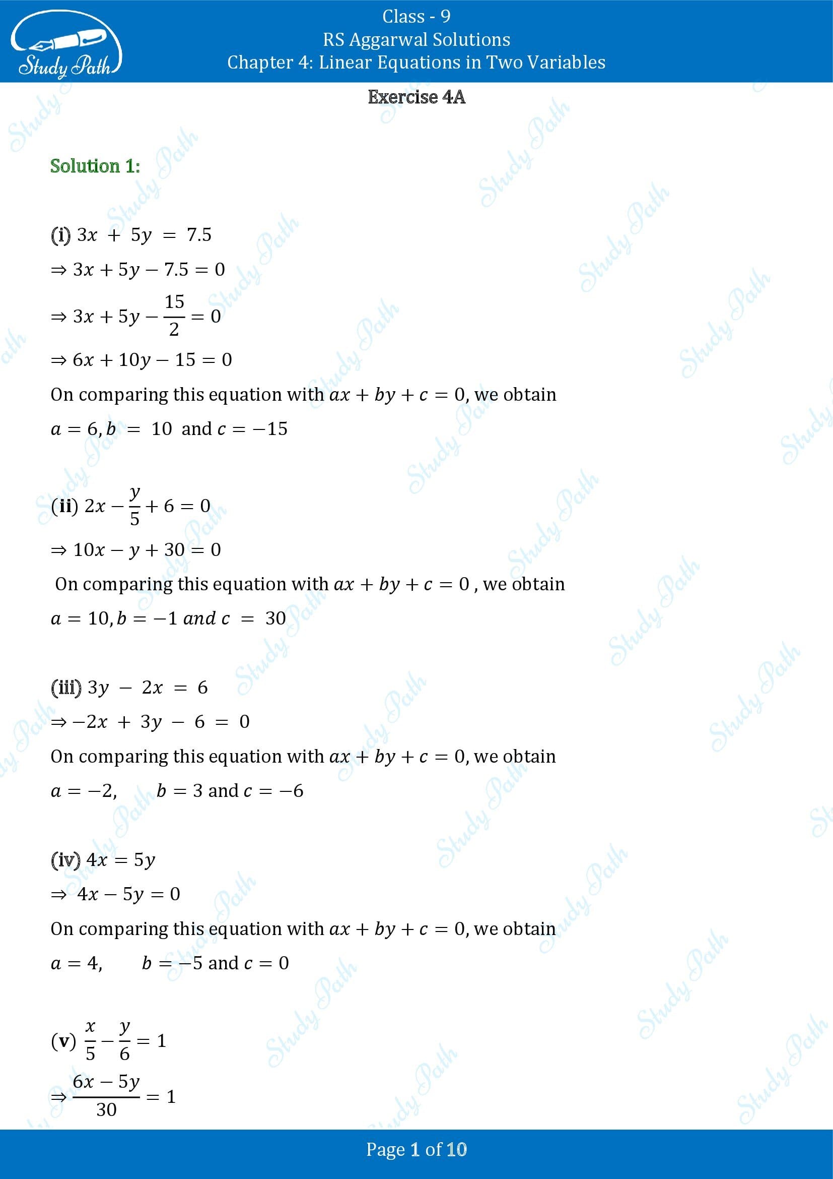 RS Aggarwal Solutions Class 9 Chapter 4 Linear Equations in Two Variables Exercise 4A 0001