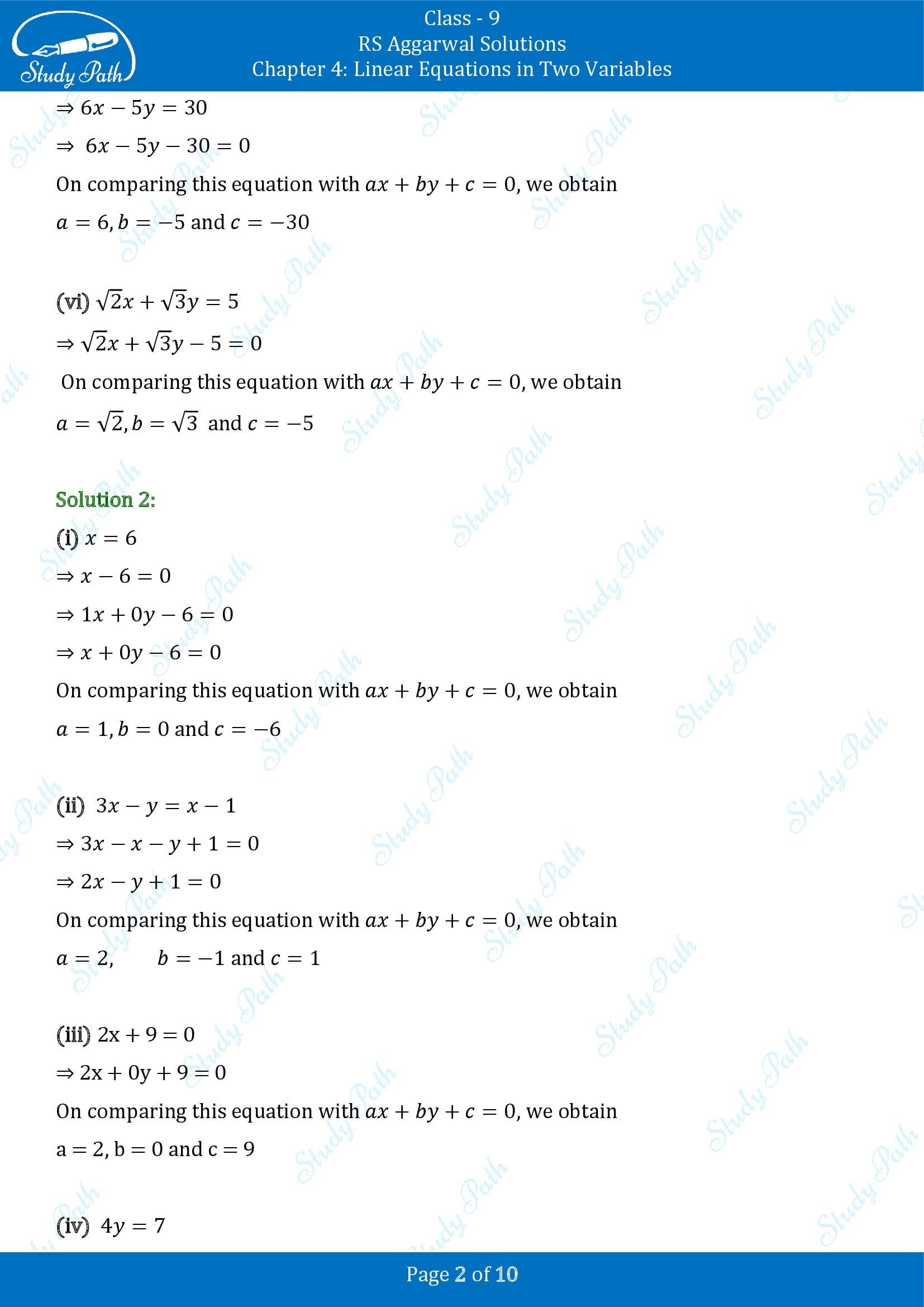 RS Aggarwal Solutions Class 9 Chapter 4 Linear Equations in Two Variables Exercise 4A 0002