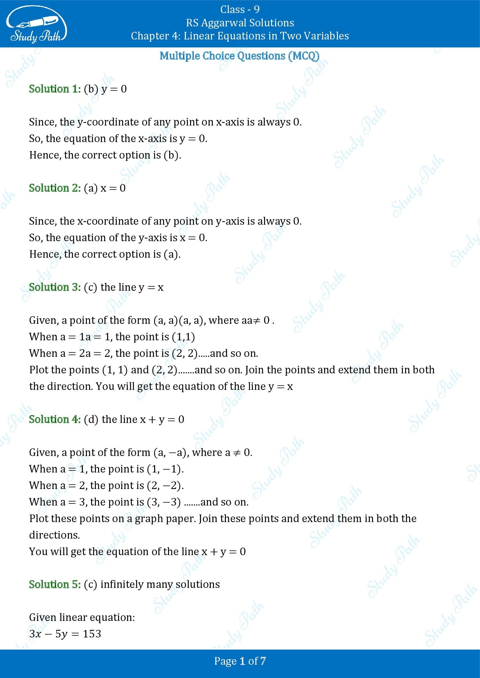 RS Aggarwal Solutions Class 9 Chapter 4 Linear Equations in Two Variables Multiple Choice Questions MCQs 00001