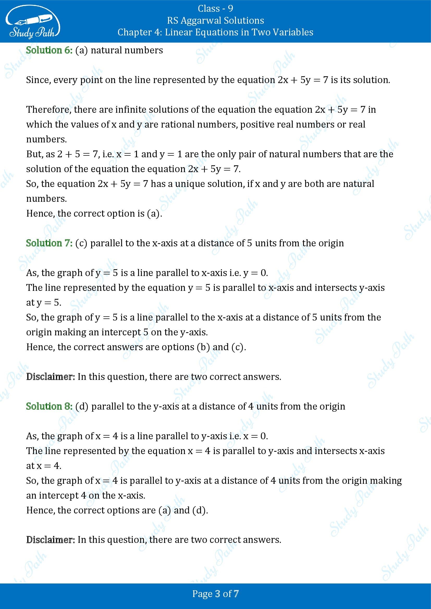 RS Aggarwal Solutions Class 9 Chapter 4 Linear Equations in Two Variables Multiple Choice Questions MCQs 00003