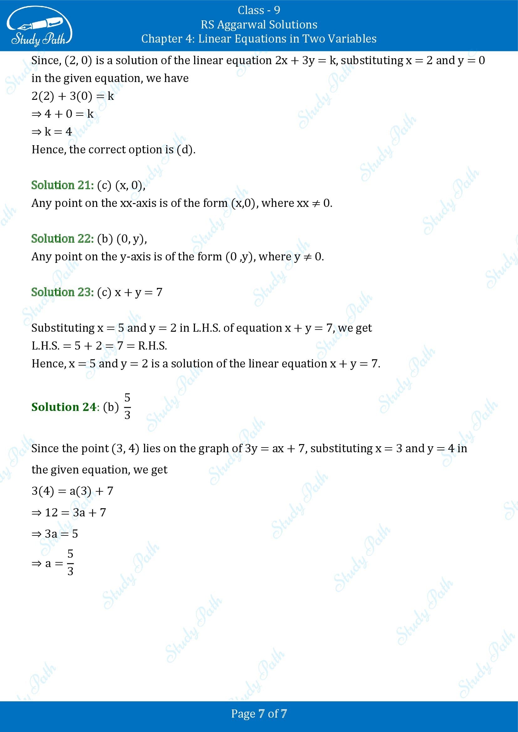 RS Aggarwal Solutions Class 9 Chapter 4 Linear Equations in Two Variables Multiple Choice Questions MCQs 00007