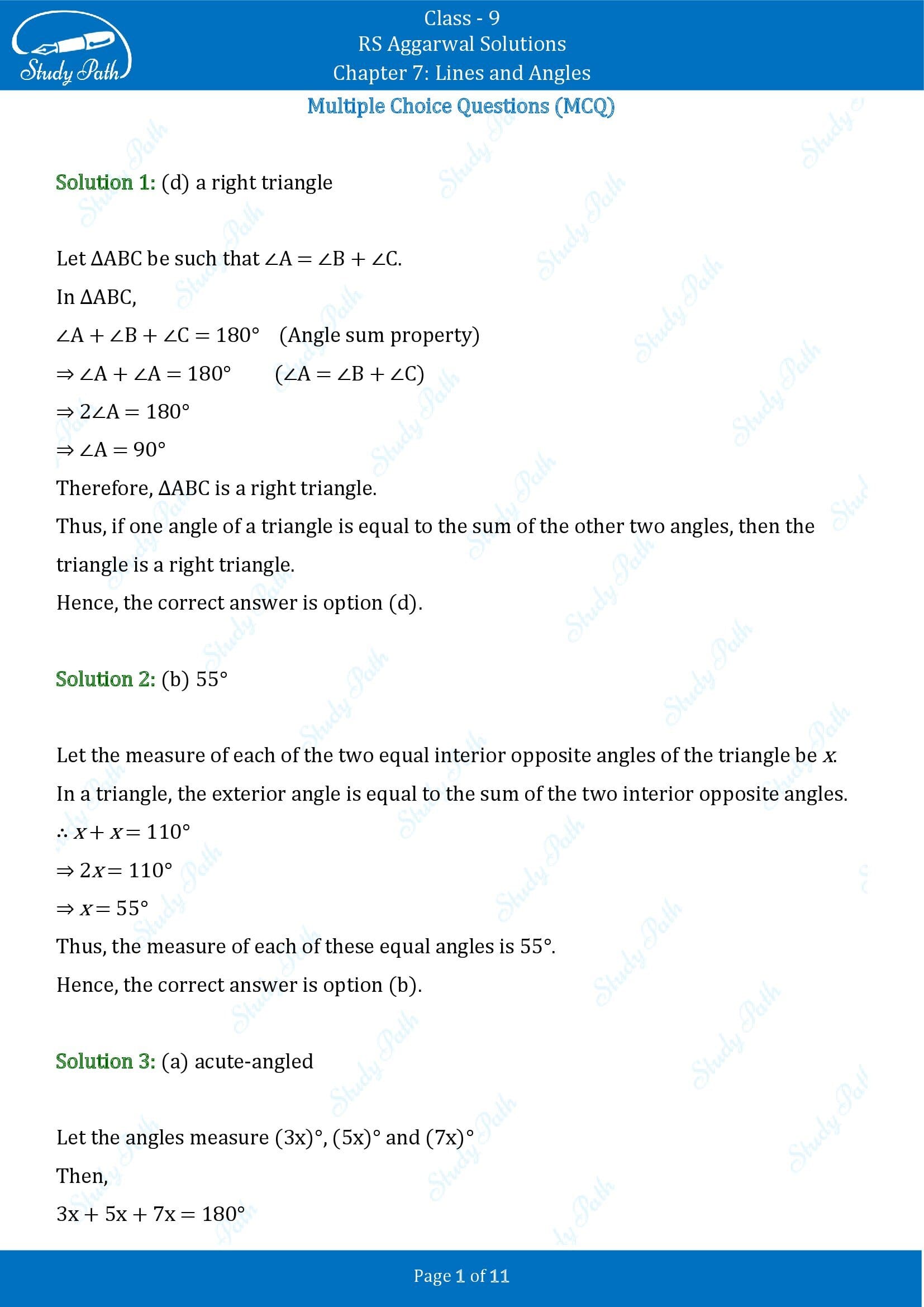 RS Aggarwal Solutions Class 9 Chapter 7 Lines and Angles Multiple Choice Questions MCQs 00001