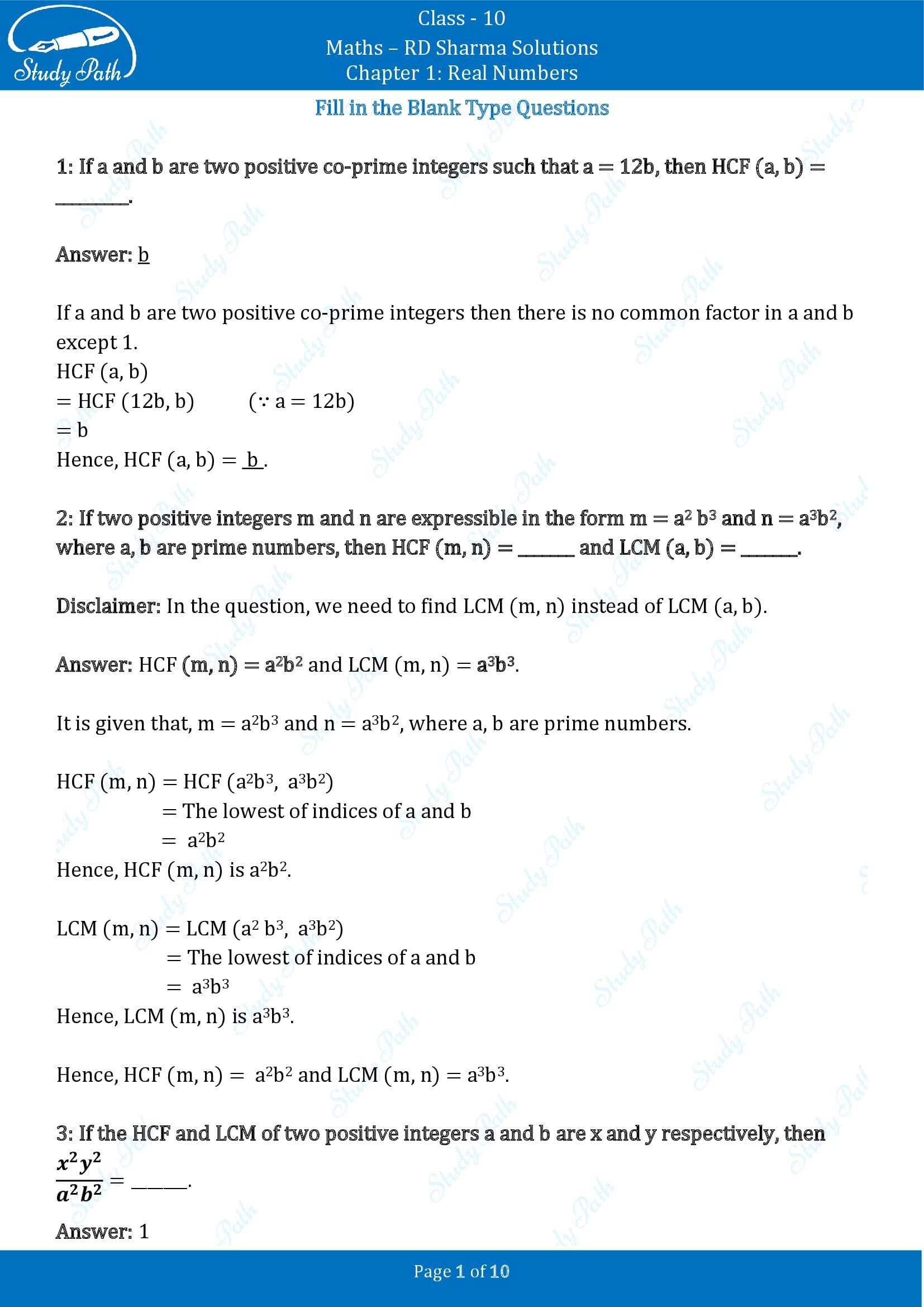 RD Sharma Solutions Class 10 Chapter 1 Real Numbers Fill in the Blank Type Questions FBQs 00001