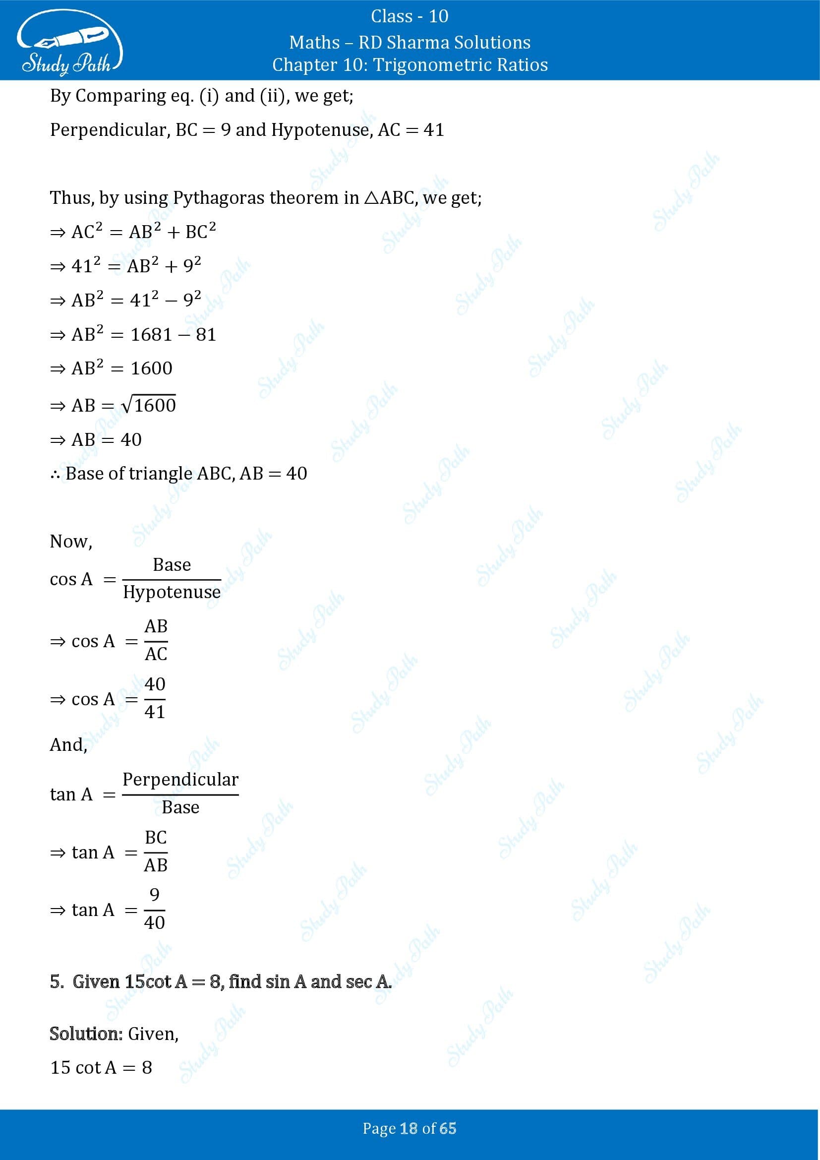 RD Sharma Solutions Class 10 Chapter 10 Trigonometric Ratios Exercise 10.1 00018