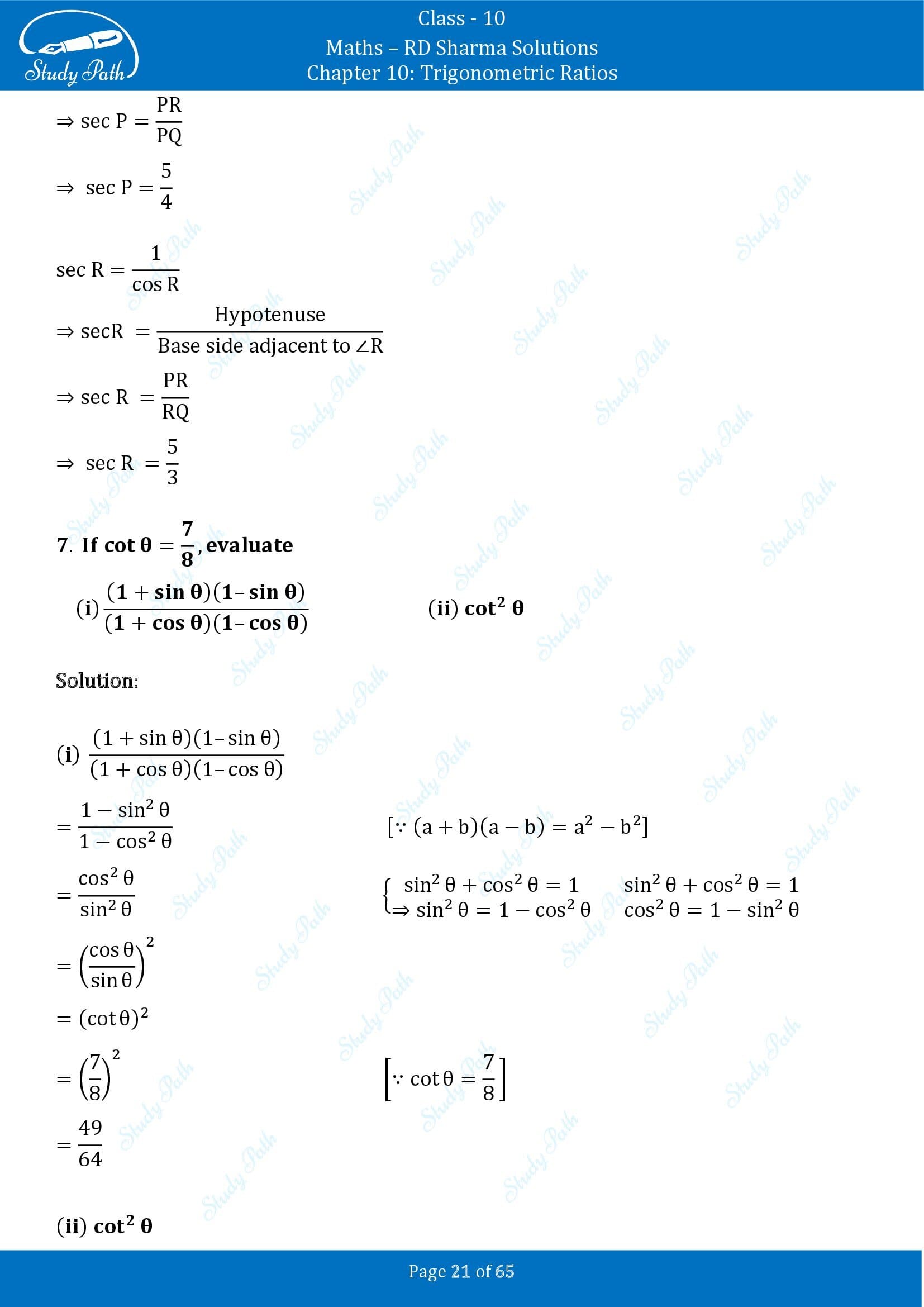 RD Sharma Solutions Class 10 Chapter 10 Trigonometric Ratios Exercise 10.1 00021