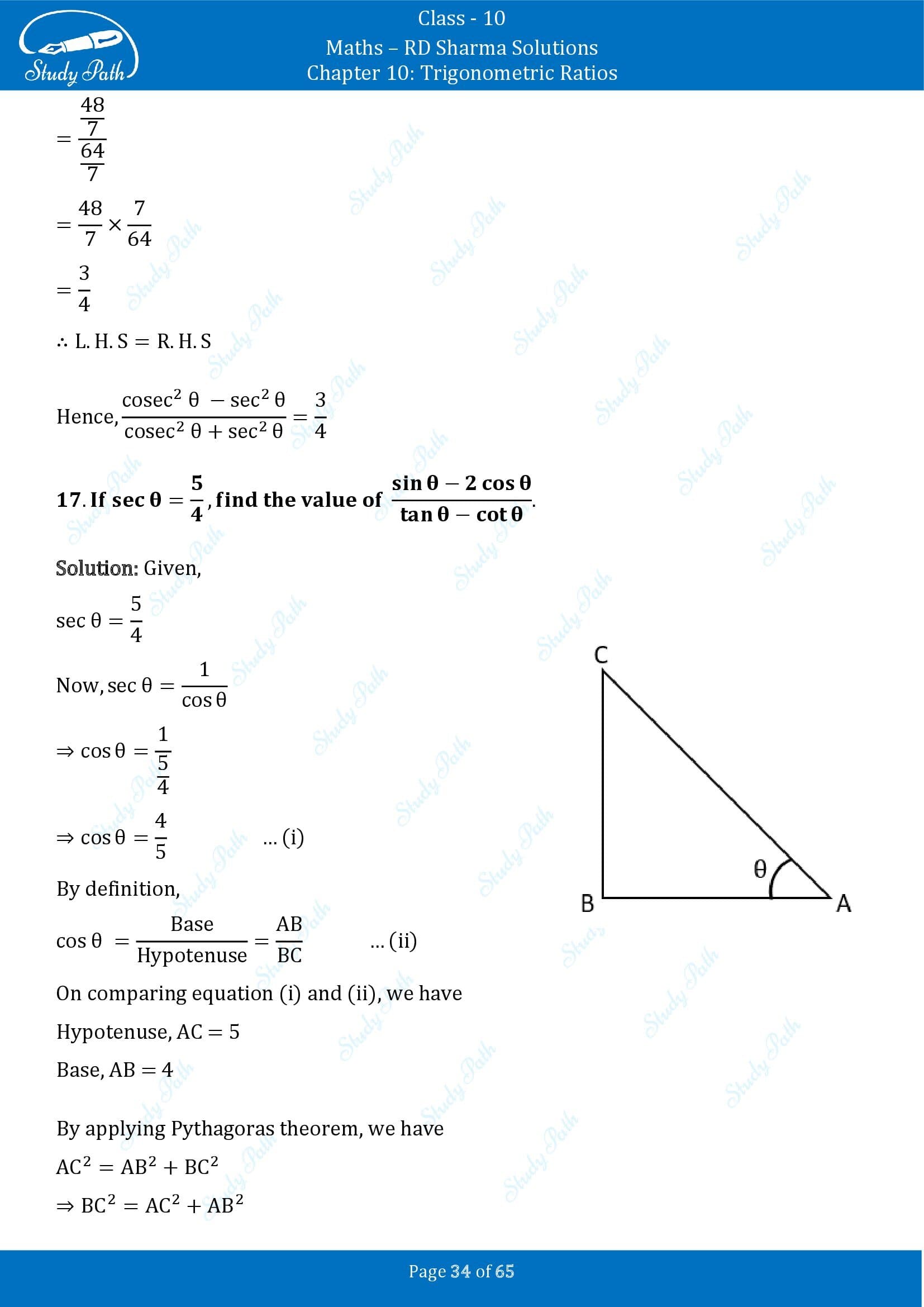 RD Sharma Solutions Class 10 Chapter 10 Trigonometric Ratios Exercise 10.1 00034