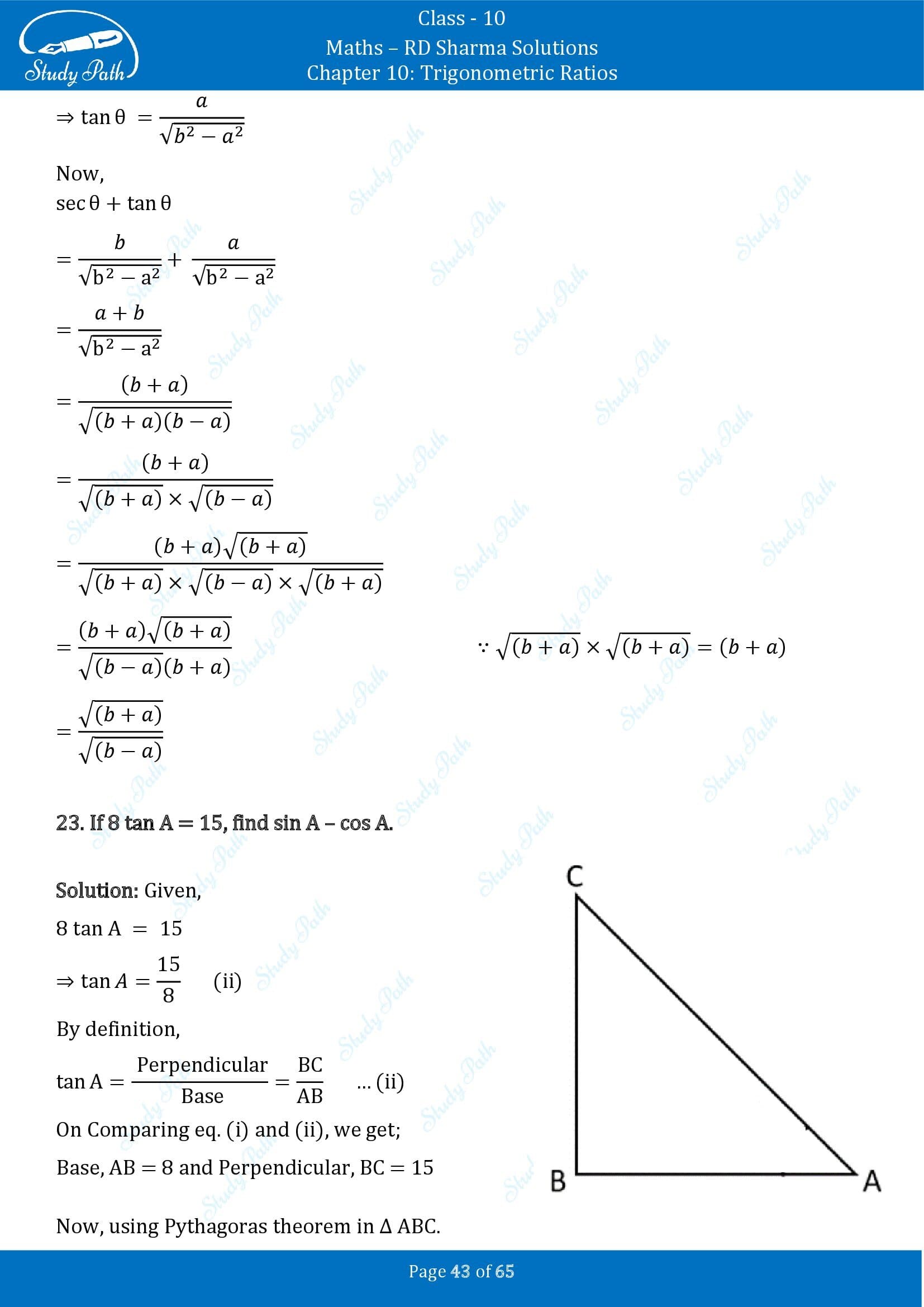 RD Sharma Solutions Class 10 Chapter 10 Trigonometric Ratios Exercise 10.1 00043