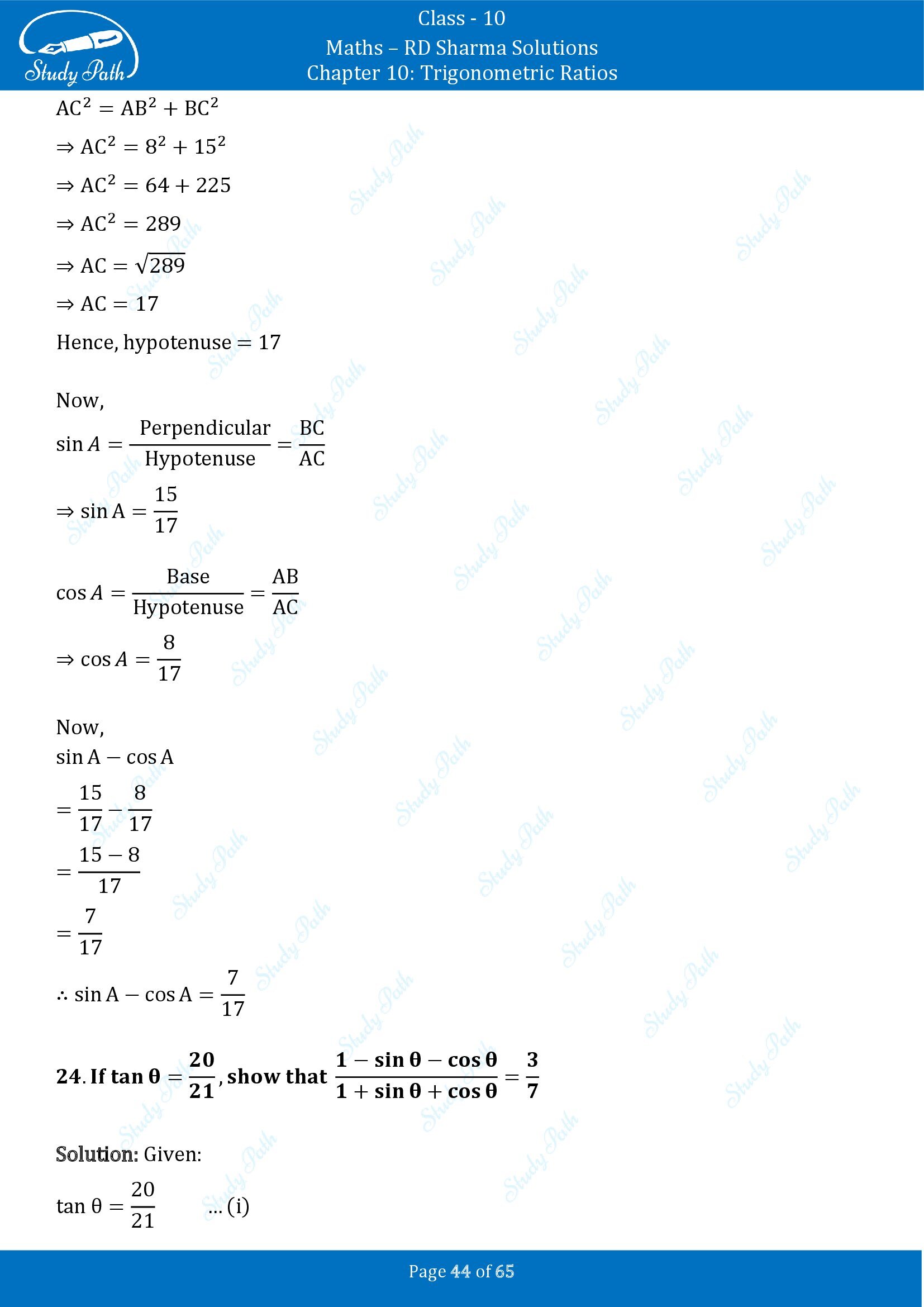 RD Sharma Solutions Class 10 Chapter 10 Trigonometric Ratios Exercise 10.1 00044