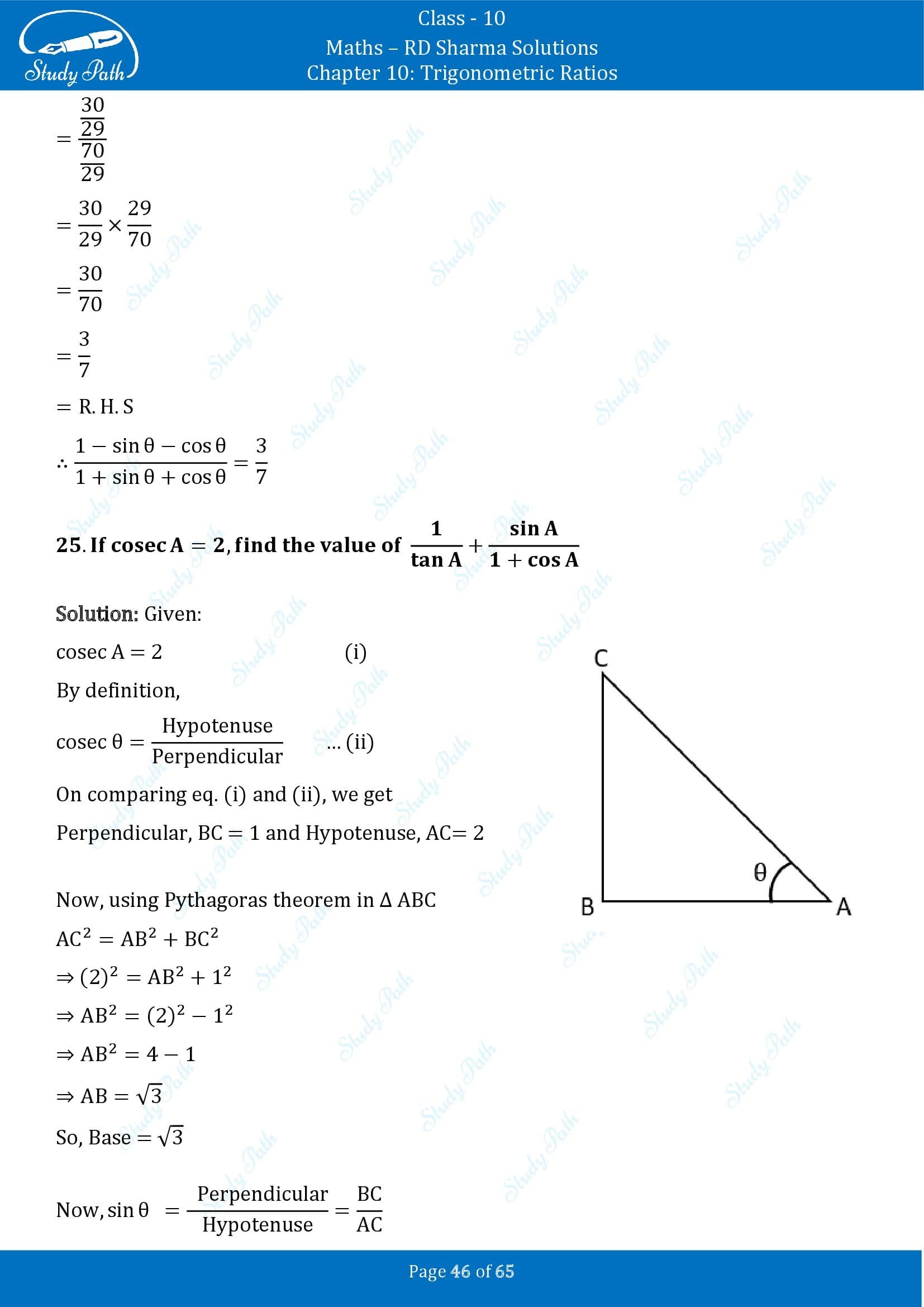 RD Sharma Solutions Class 10 Chapter 10 Trigonometric Ratios Exercise 10.1 00046
