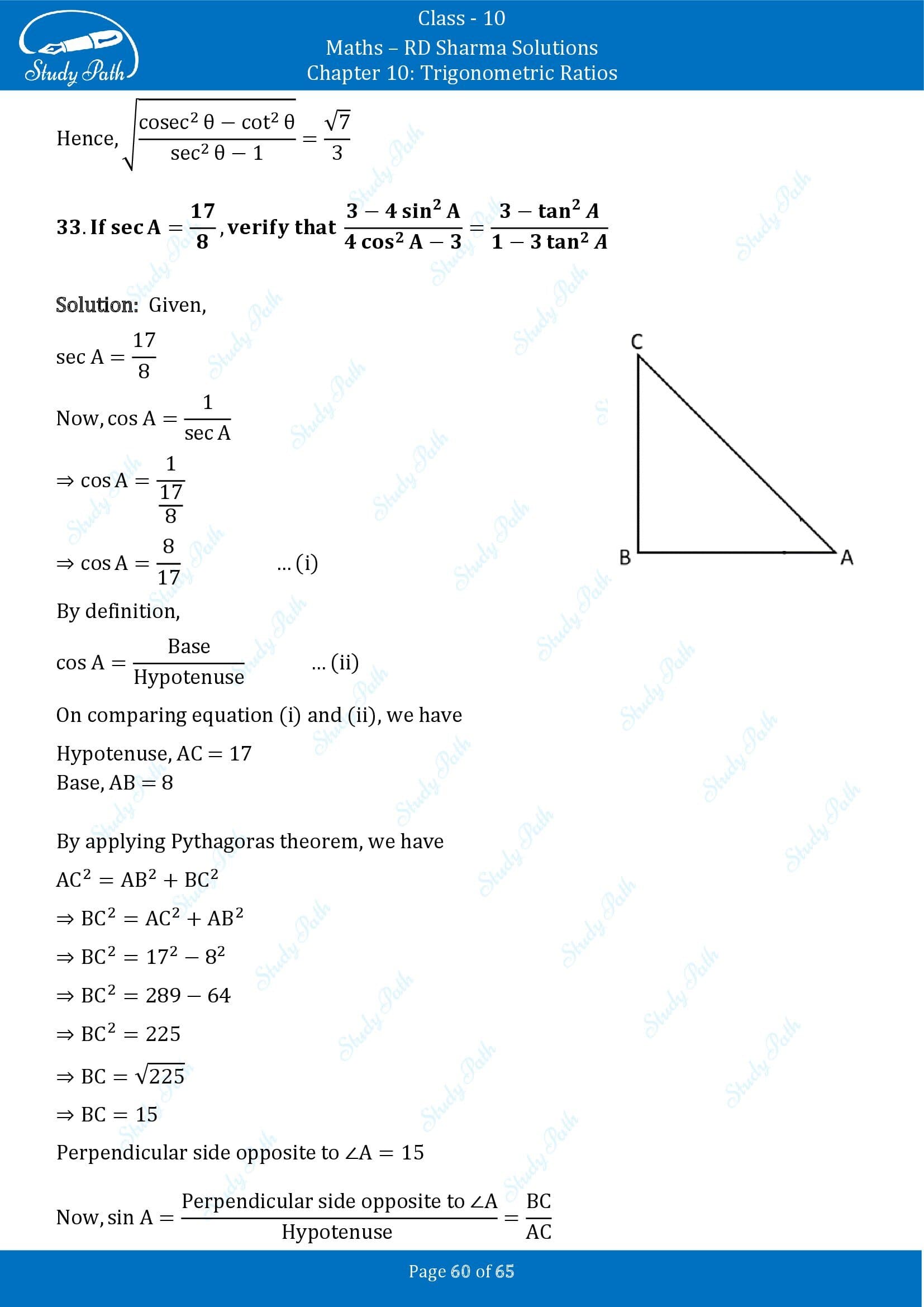 RD Sharma Solutions Class 10 Chapter 10 Trigonometric Ratios Exercise 10.1 00060