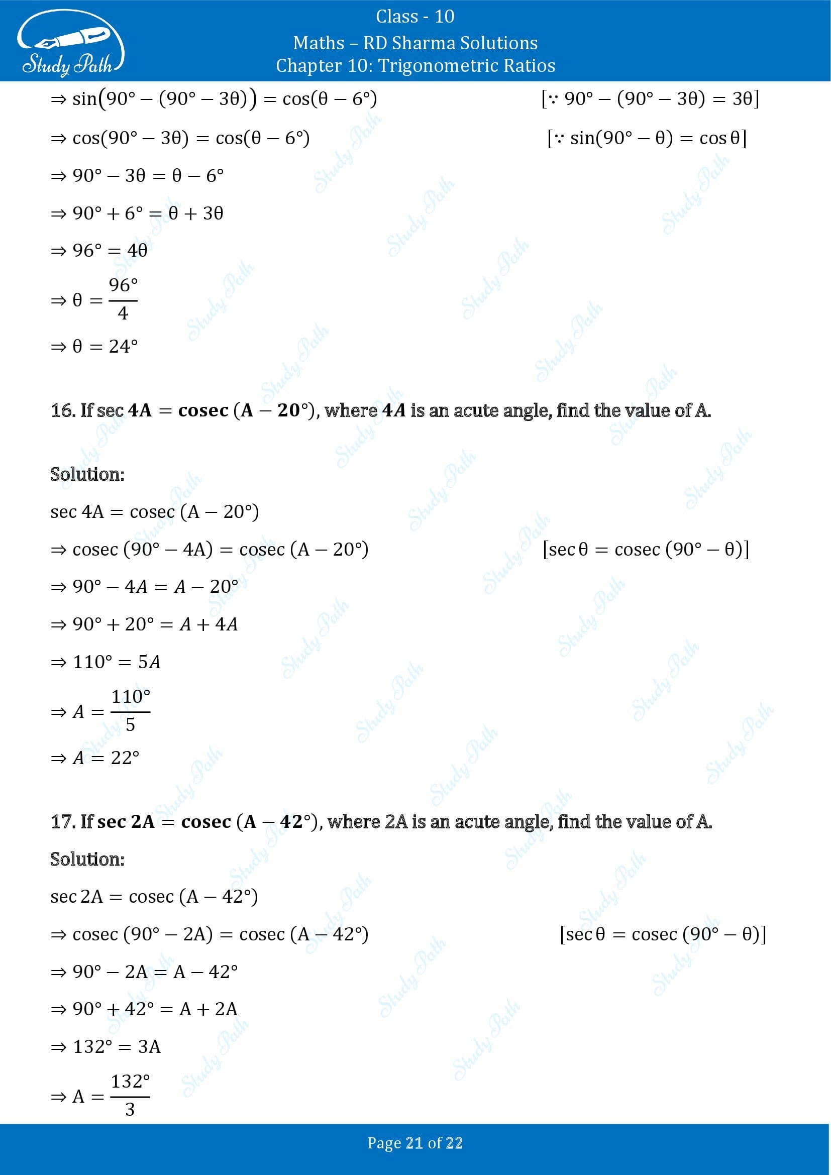 RD Sharma Solutions Class 10 Chapter 10 Trigonometric Ratios Exercise 10.3 00021