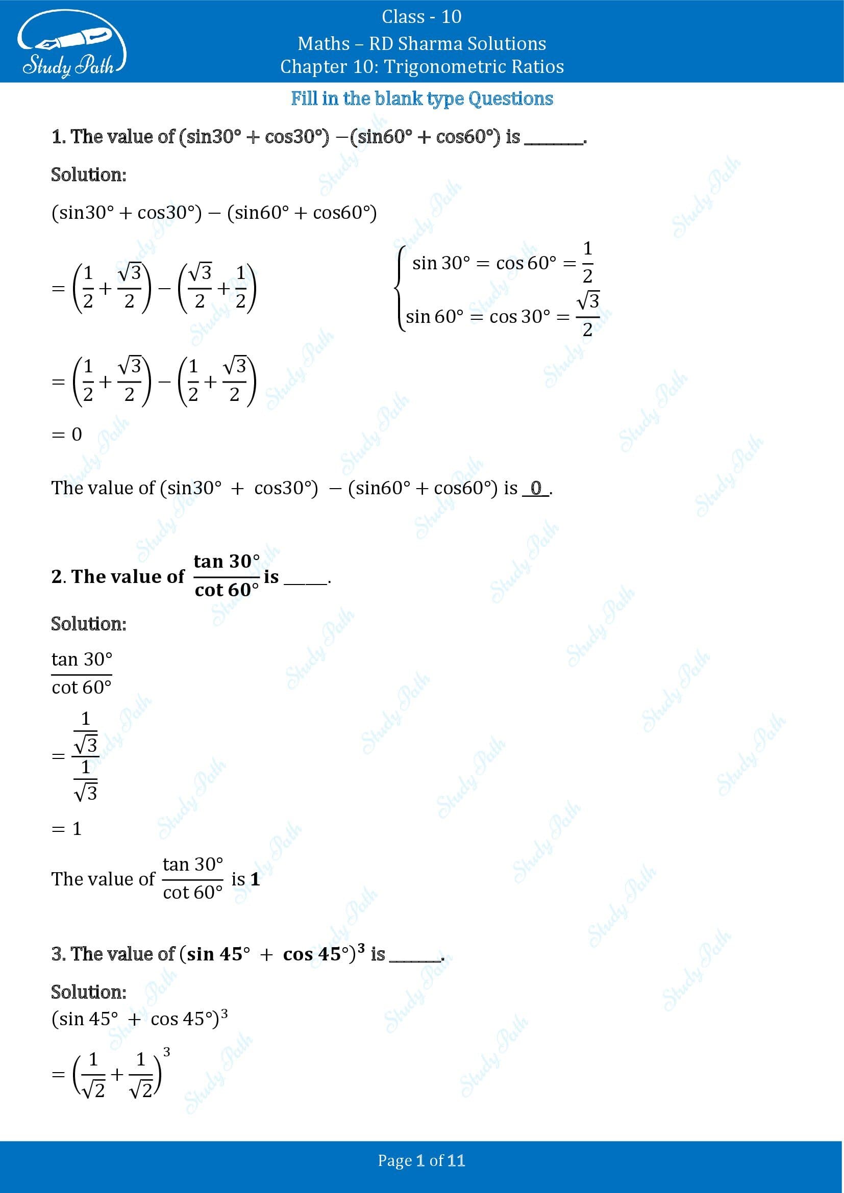 RD Sharma Solutions Class 10 Chapter 10 Trigonometric Ratios Fill in the Blank Type Questions FBQs 00001