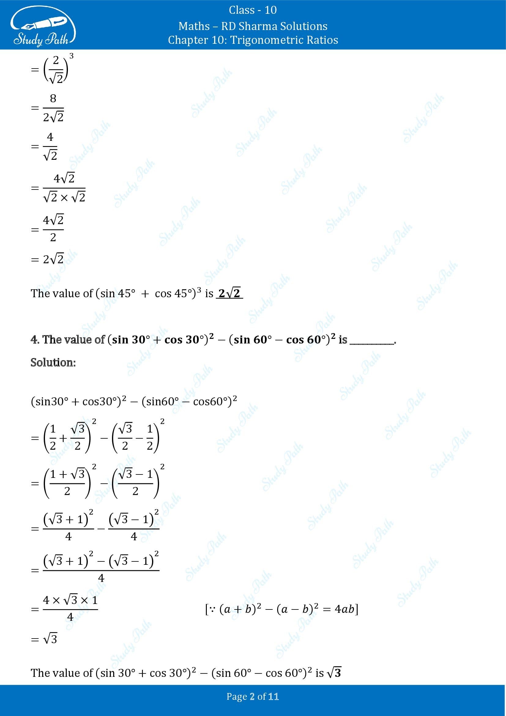 RD Sharma Solutions Class 10 Chapter 10 Trigonometric Ratios Fill in the Blank Type Questions FBQs 00002