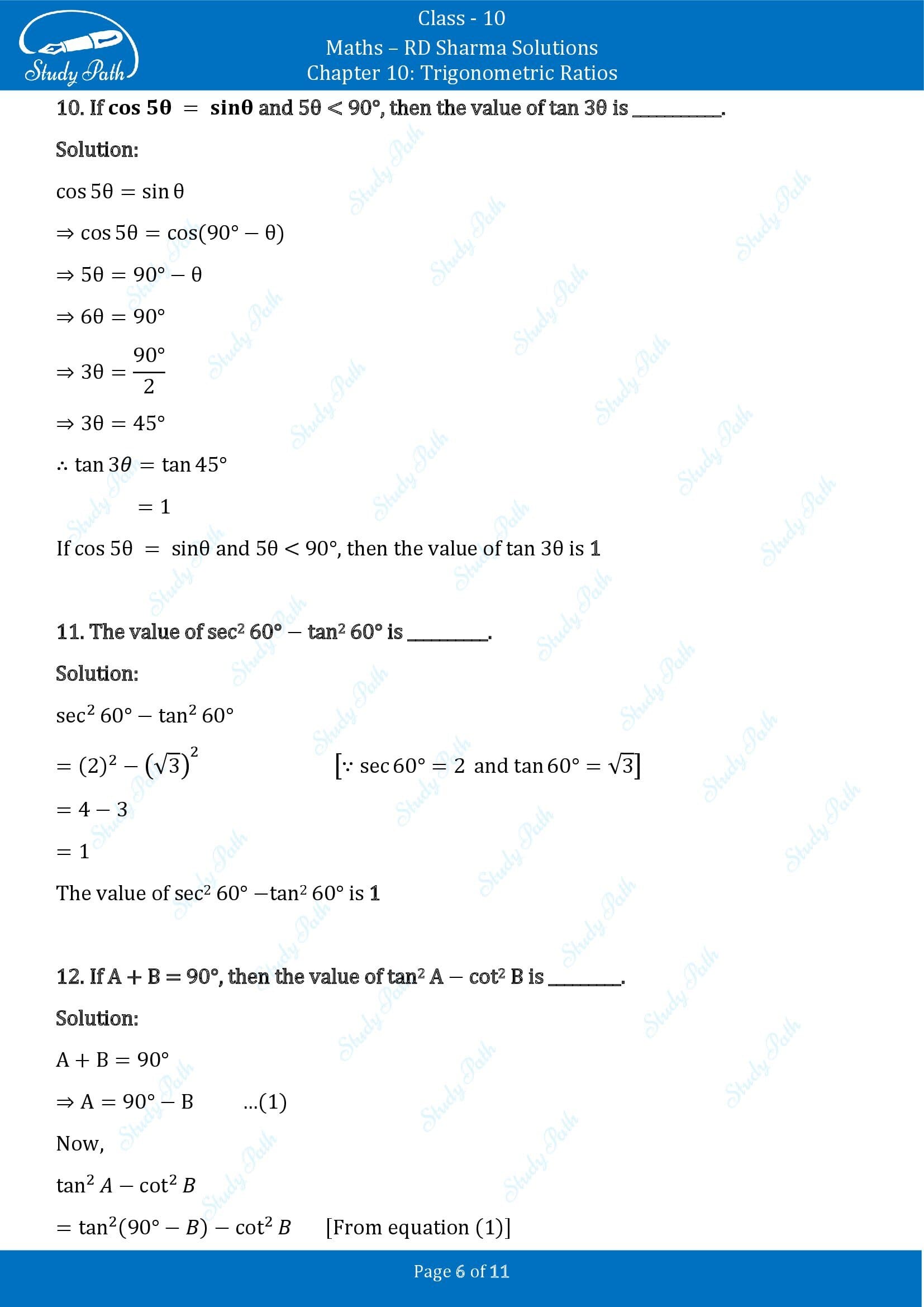 RD Sharma Solutions Class 10 Chapter 10 Trigonometric Ratios Fill in the Blank Type Questions FBQs 00006