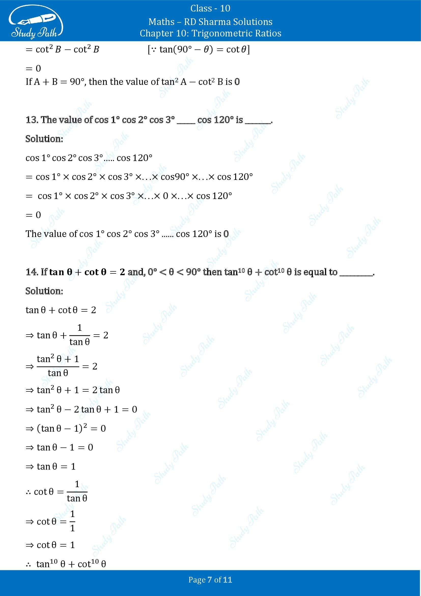 RD Sharma Solutions Class 10 Chapter 10 Trigonometric Ratios Fill in the Blank Type Questions FBQs 00007