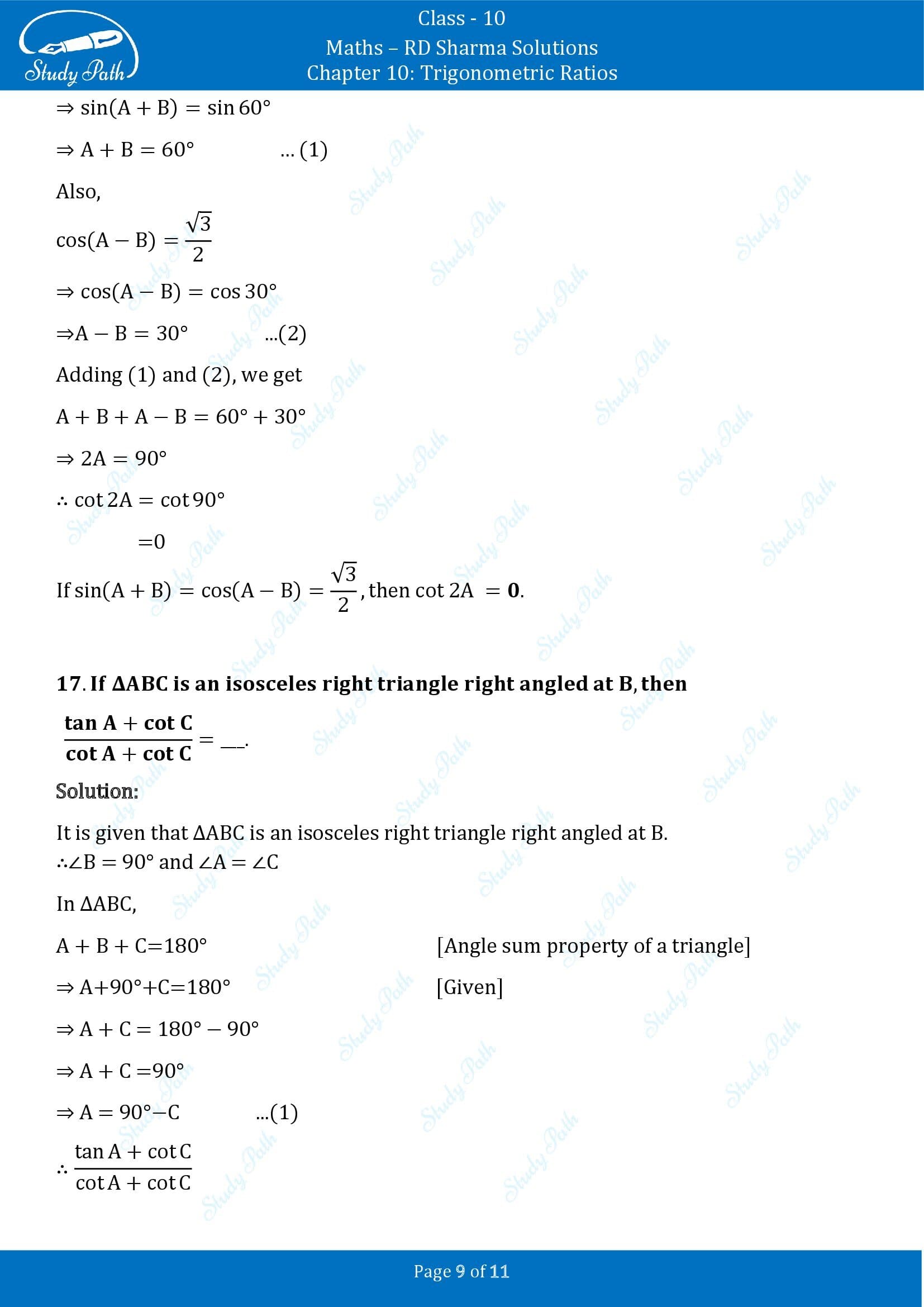 RD Sharma Solutions Class 10 Chapter 10 Trigonometric Ratios Fill in the Blank Type Questions FBQs 00009
