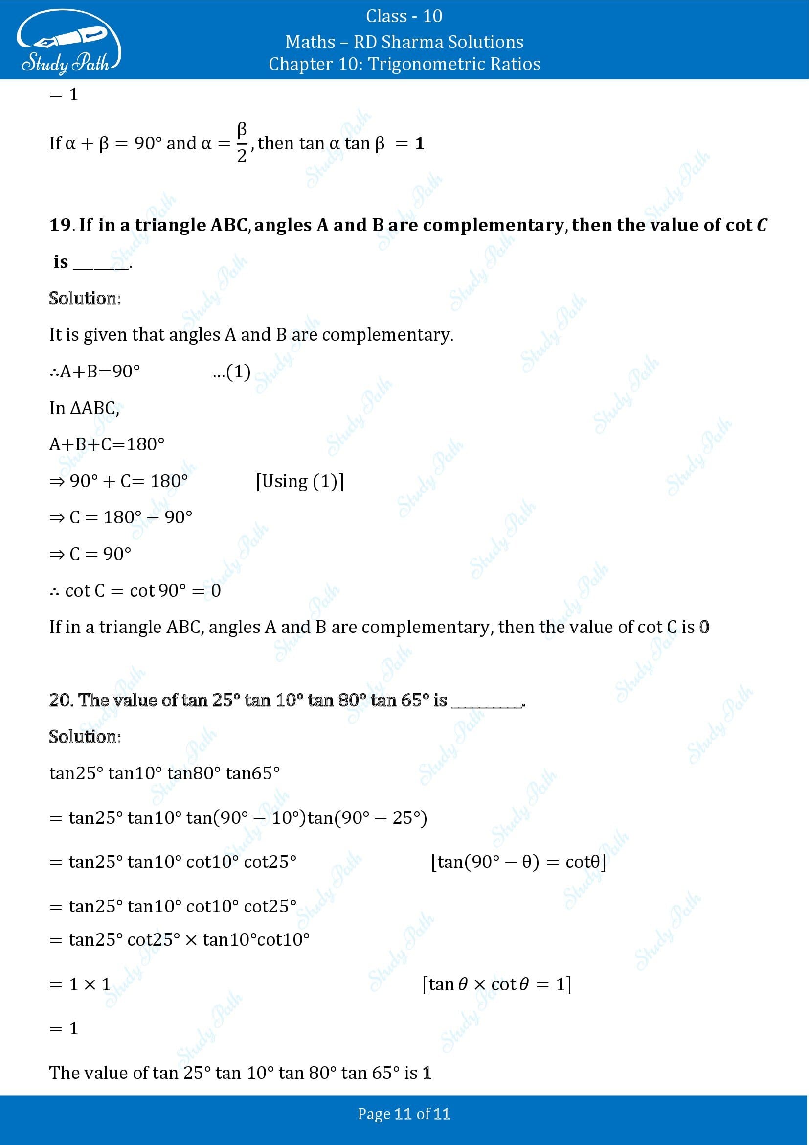 RD Sharma Solutions Class 10 Chapter 10 Trigonometric Ratios Fill in the Blank Type Questions FBQs 00011