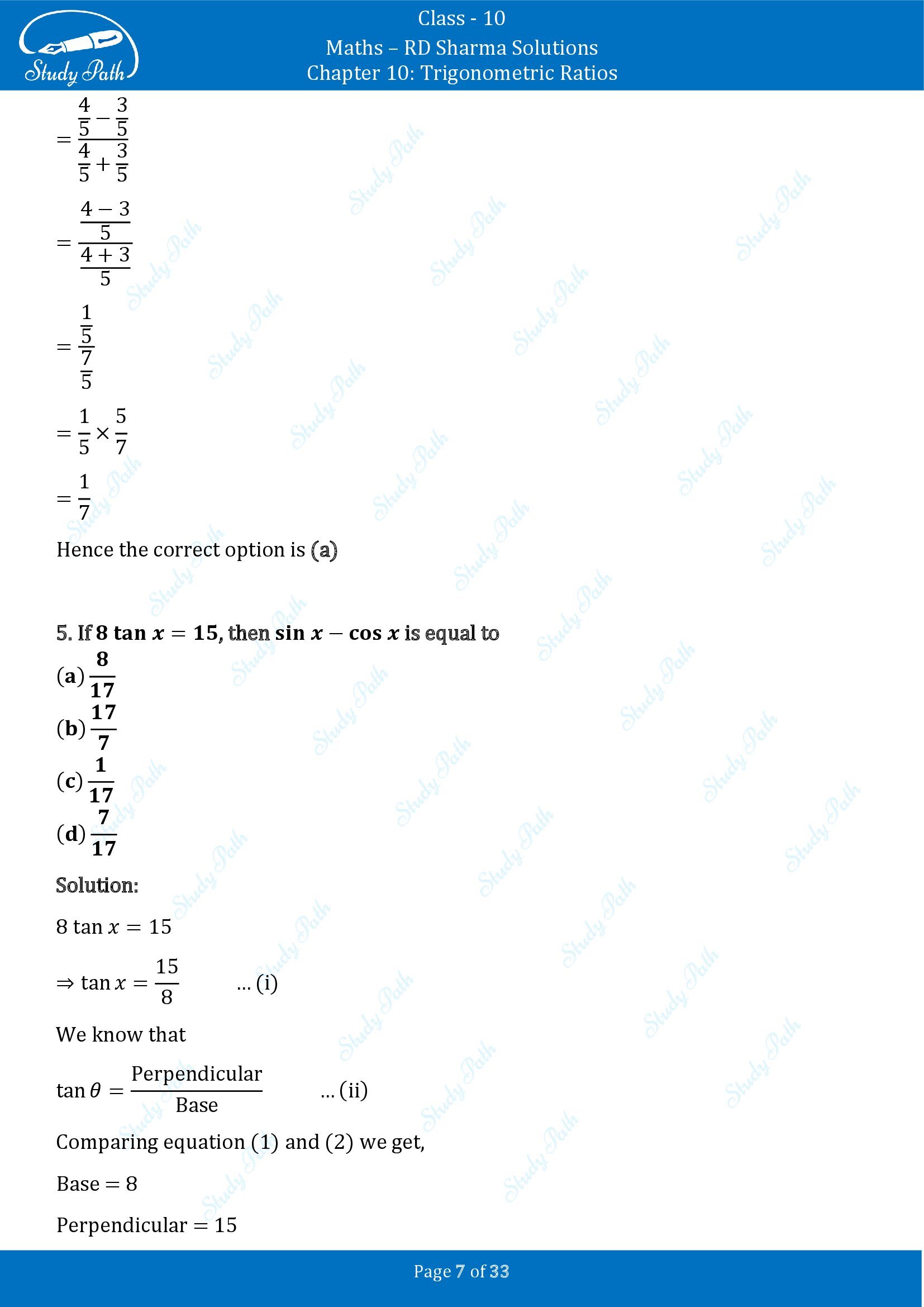 RD Sharma Solutions Class 10 Chapter 10 Trigonometric Ratios Multiple Choice Question MCQs 00007