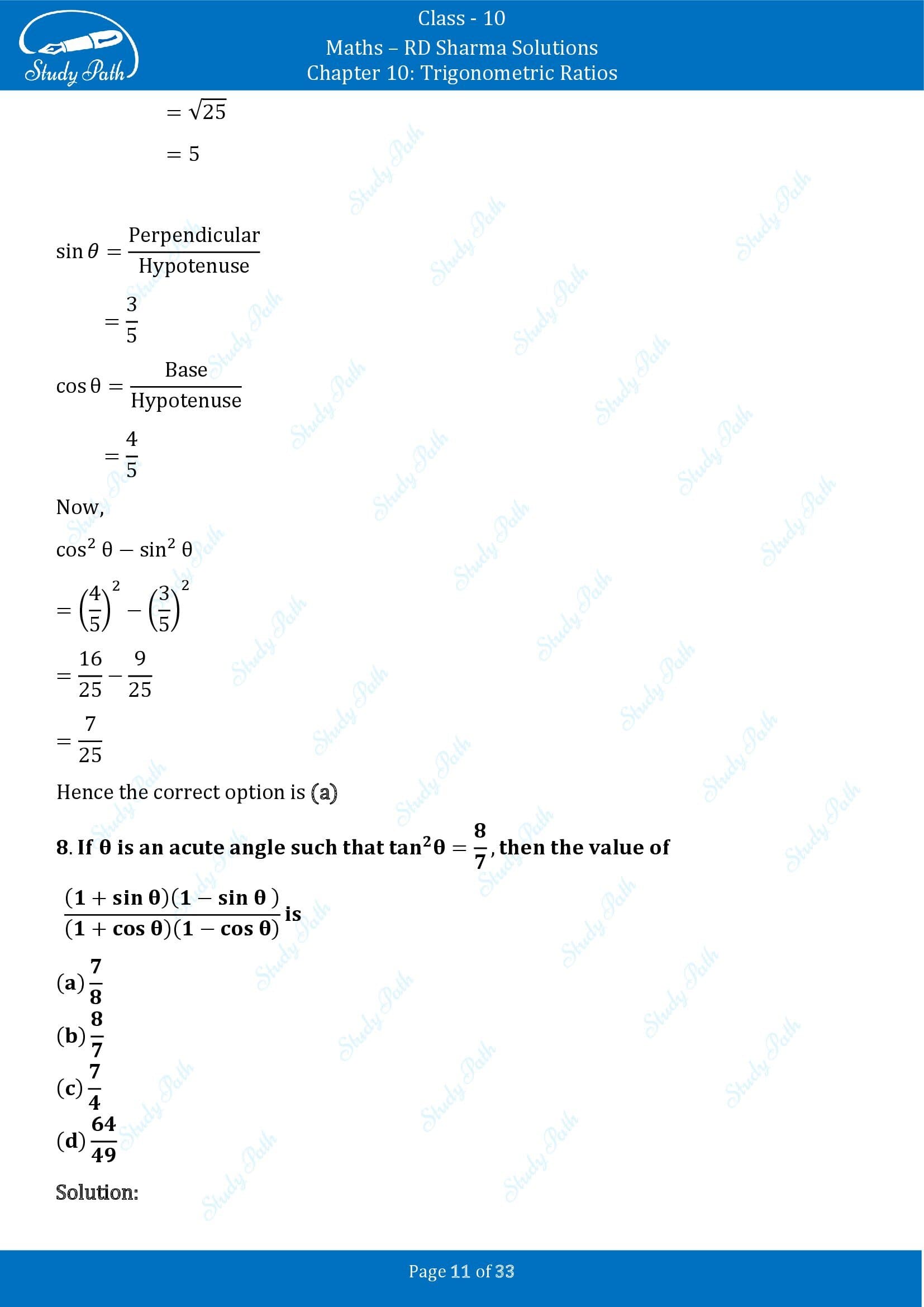 RD Sharma Solutions Class 10 Chapter 10 Trigonometric Ratios Multiple Choice Question MCQs 00011