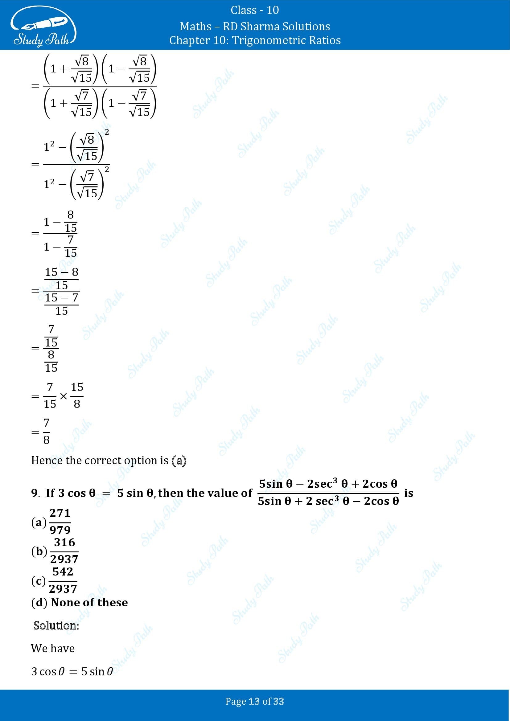 RD Sharma Solutions Class 10 Chapter 10 Trigonometric Ratios Multiple Choice Question MCQs 00013