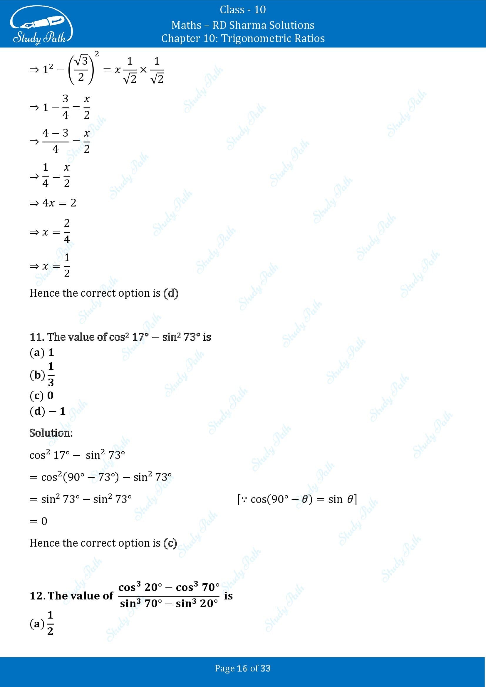 RD Sharma Solutions Class 10 Chapter 10 Trigonometric Ratios Multiple Choice Question MCQs 00016