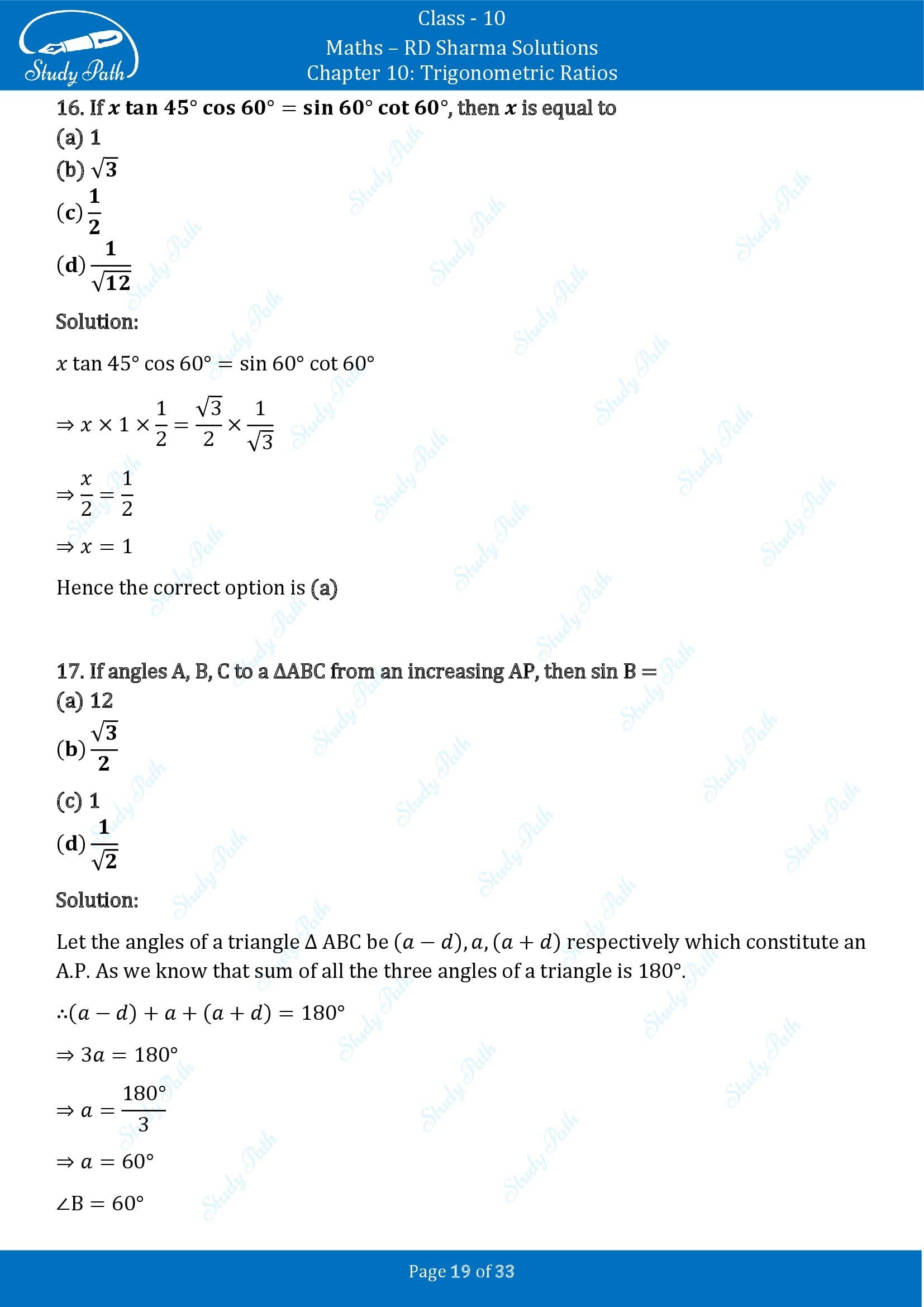 RD Sharma Solutions Class 10 Chapter 10 Trigonometric Ratios Multiple Choice Question MCQs 00019
