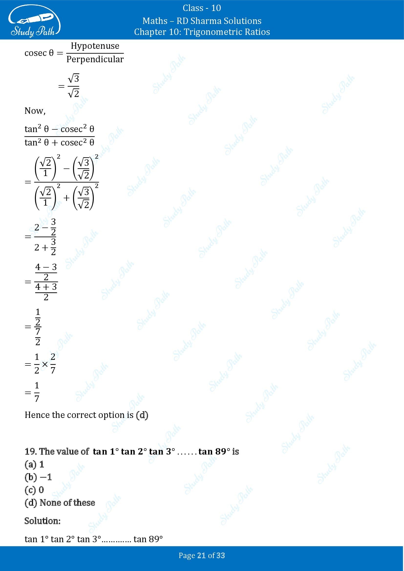 RD Sharma Solutions Class 10 Chapter 10 Trigonometric Ratios Multiple Choice Question MCQs 00021