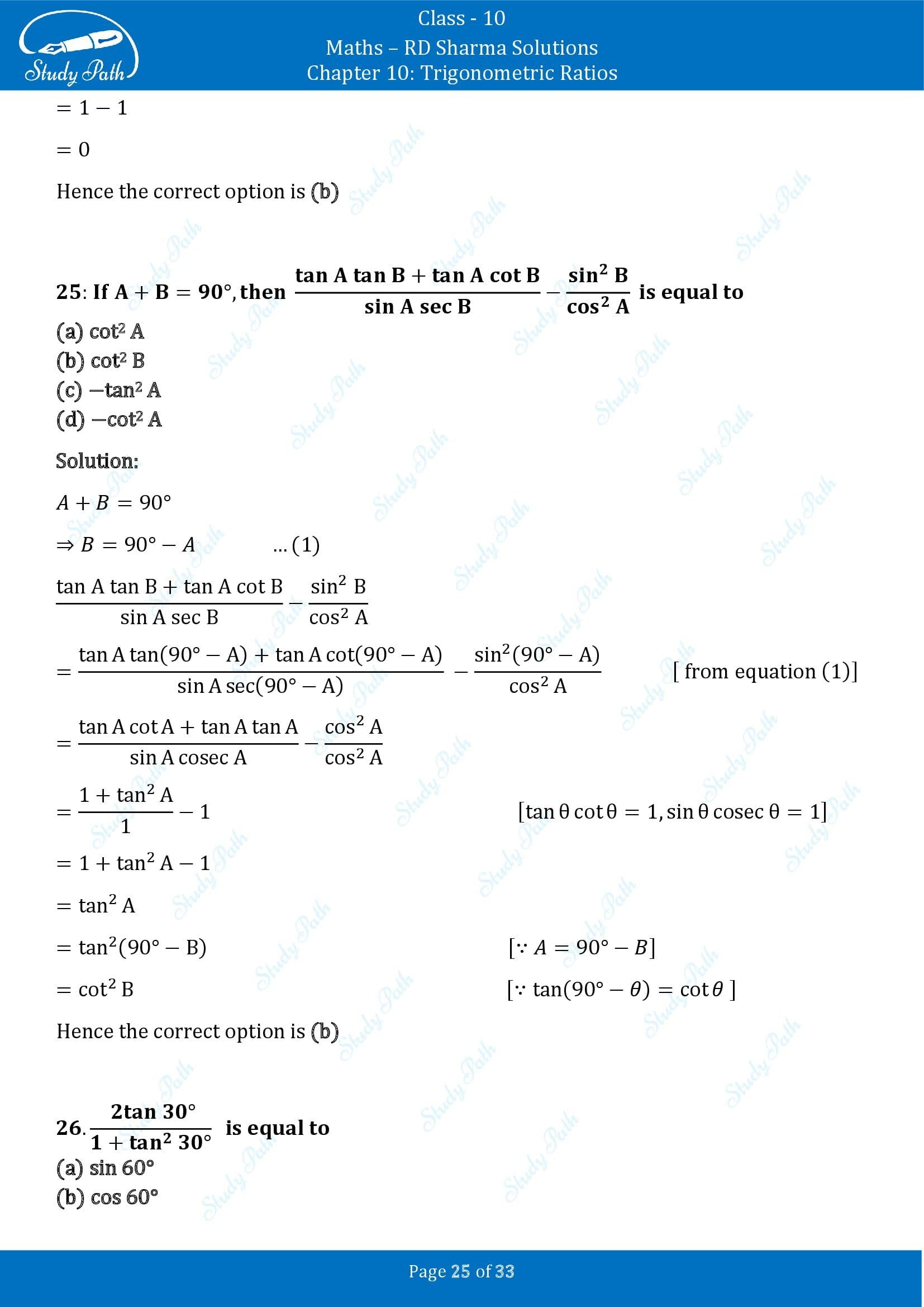 RD Sharma Solutions Class 10 Chapter 10 Trigonometric Ratios Multiple Choice Question MCQs 00025