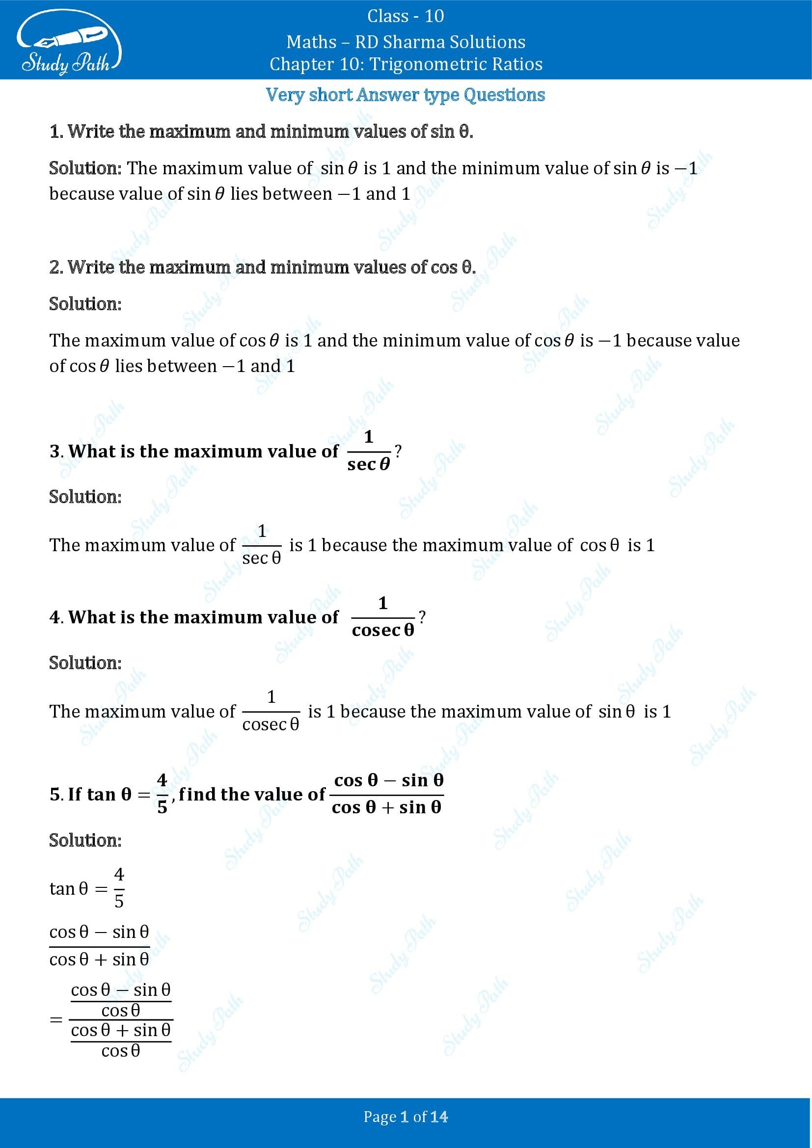 RD Sharma Solutions Class 10 Chapter 10 Trigonometric Ratios Very Short Answer Type Questions VSAQs 00001