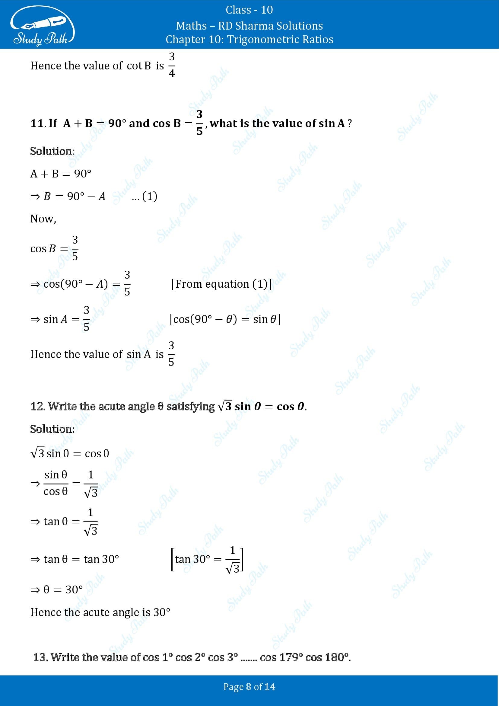 RD Sharma Solutions Class 10 Chapter 10 Trigonometric Ratios Very Short Answer Type Questions VSAQs 00008