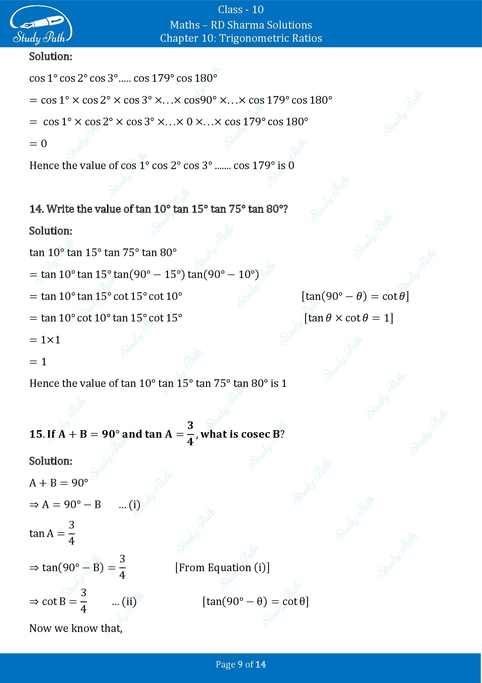 RD Sharma Solutions Class 10 Chapter 10 Trigonometric Ratios Very Short Answer Type Questions VSAQs 00009