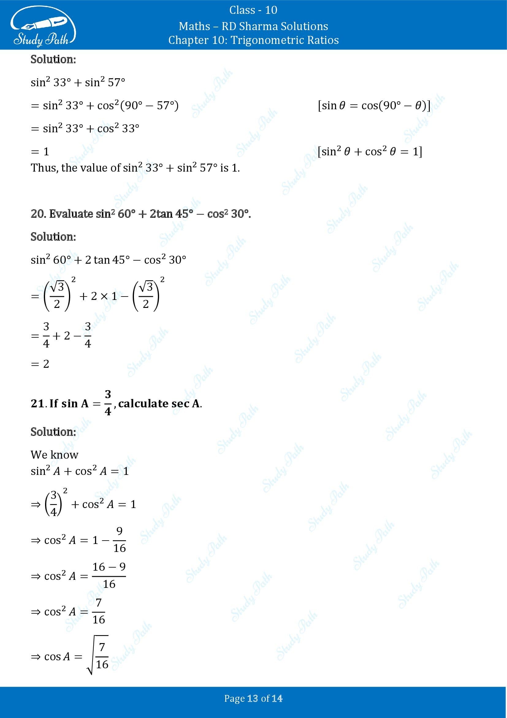 RD Sharma Solutions Class 10 Chapter 10 Trigonometric Ratios Very Short Answer Type Questions VSAQs 00013