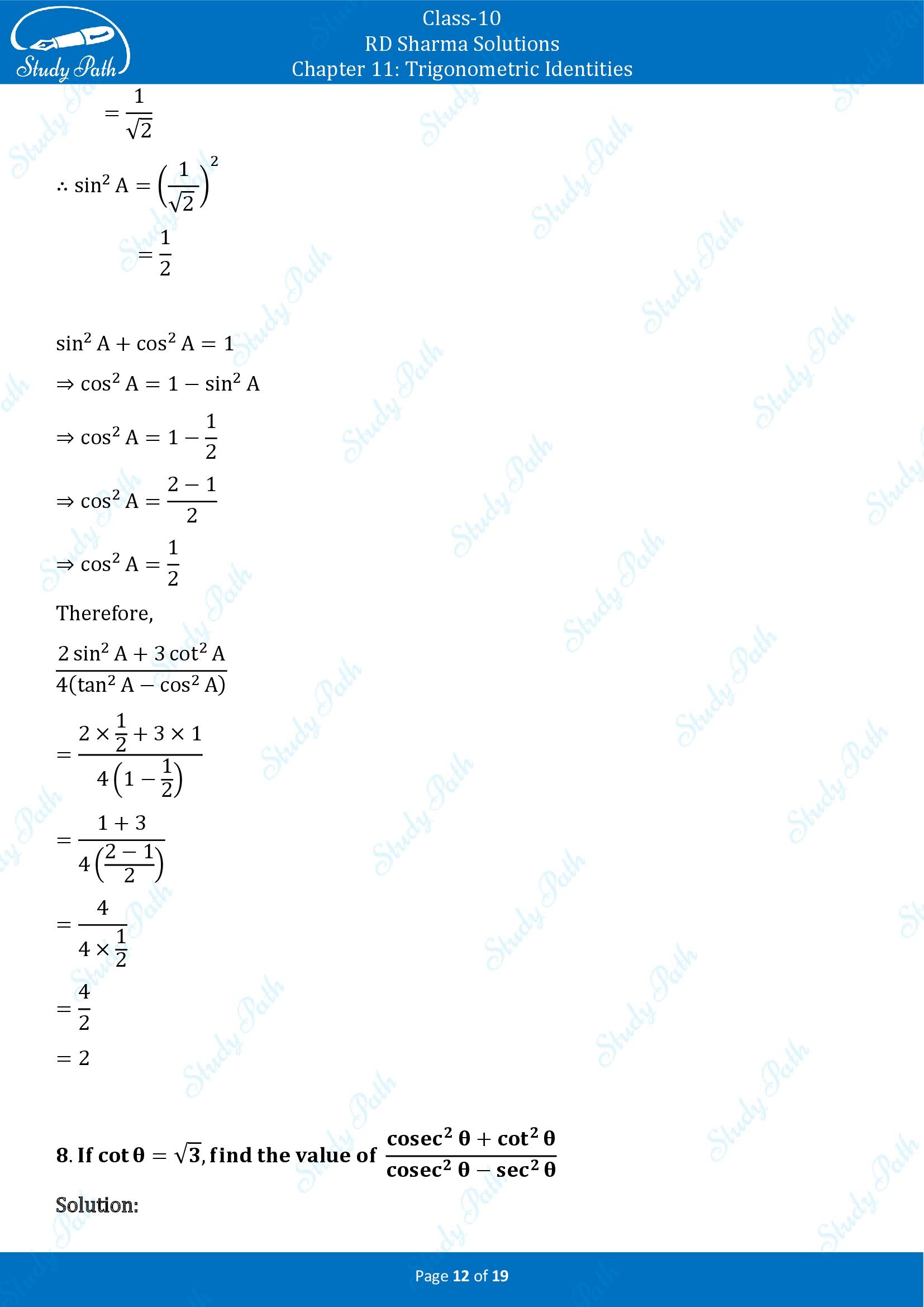 RD Sharma Solutions Class 10 Chapter 11 Trigonometric Identities Exercise 11.2 00012