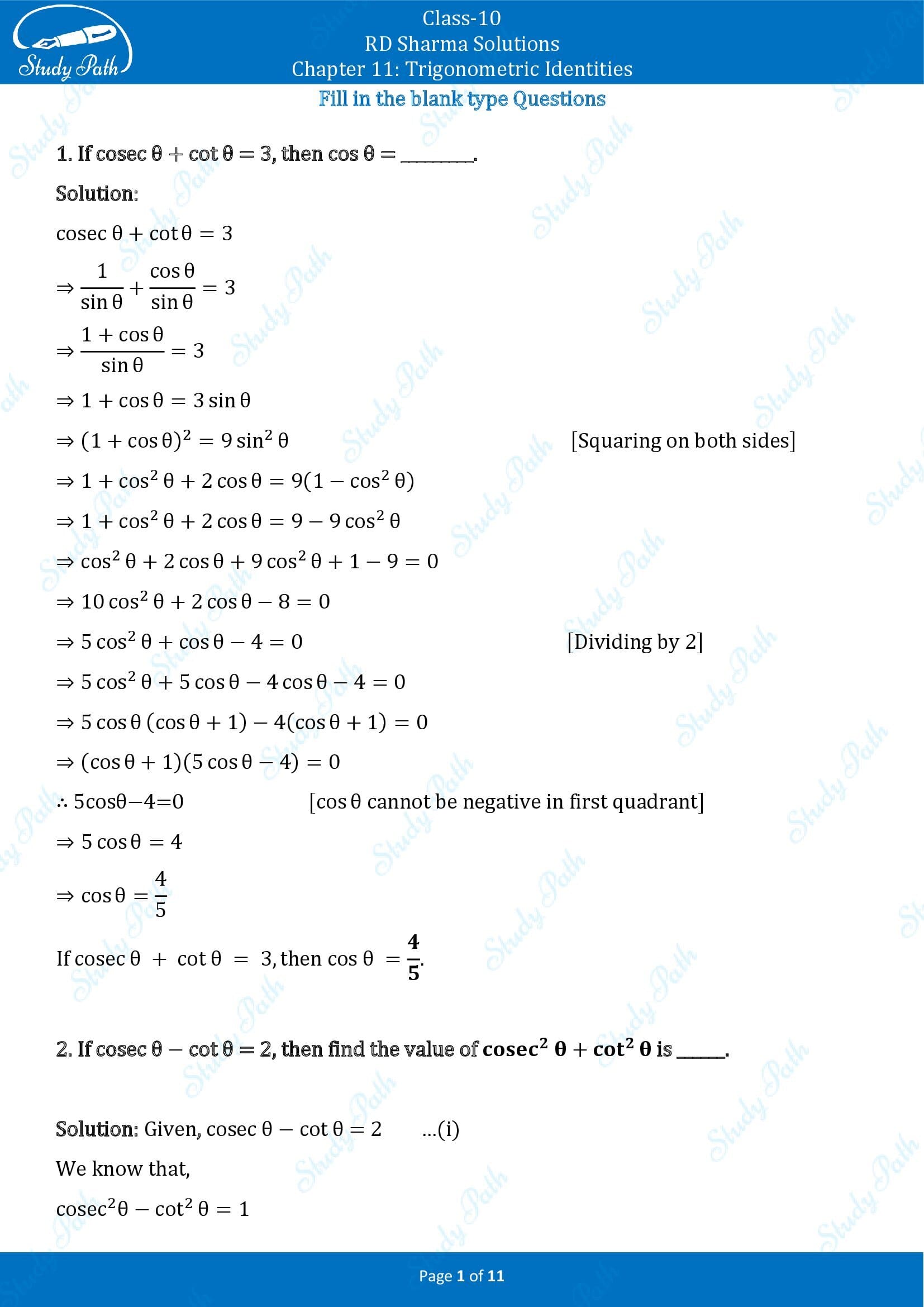 RD Sharma Solutions Class 10 Chapter 11 Trigonometric Identities Fill in the Blank Type Questions FBQs 00001