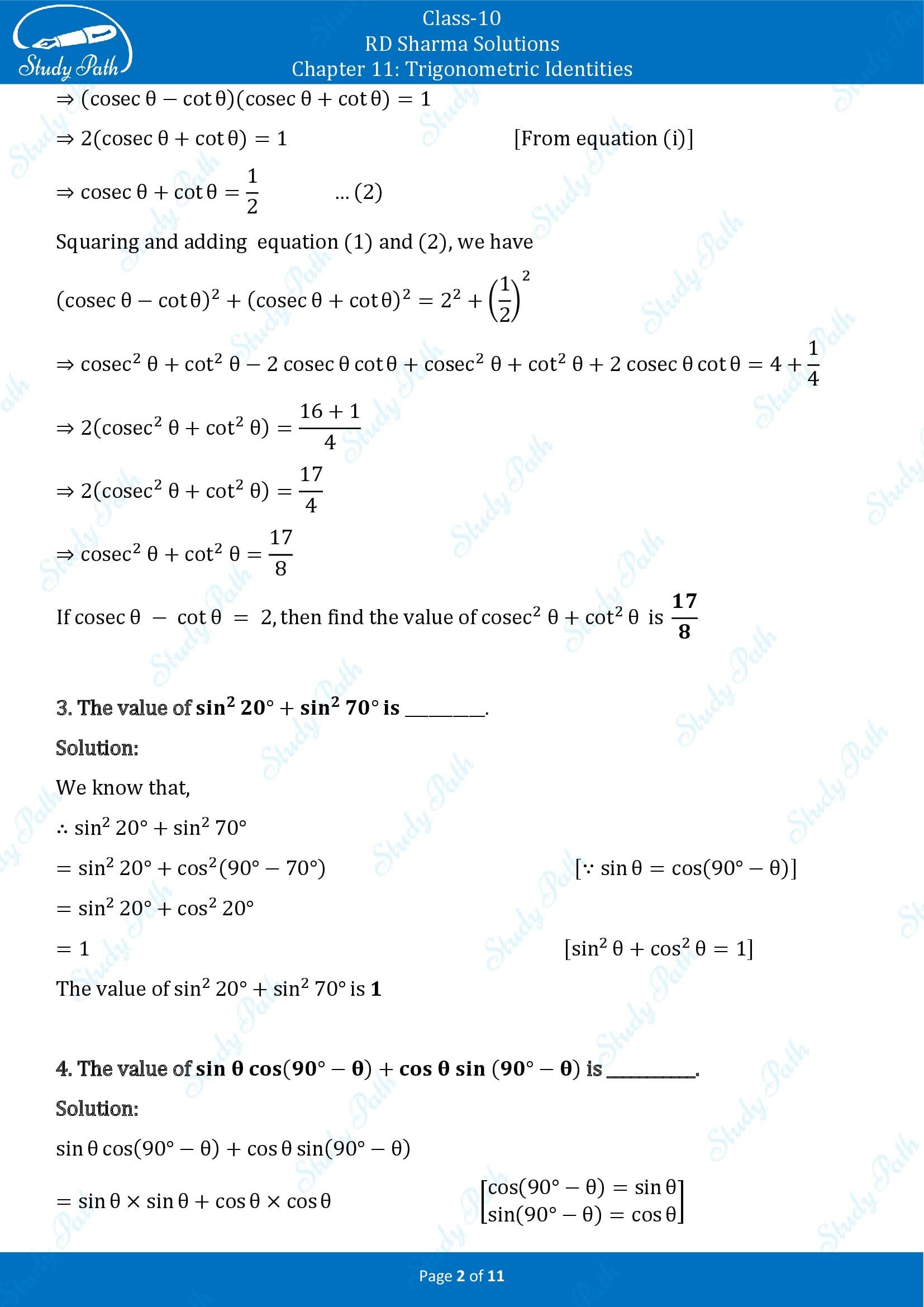 RD Sharma Solutions Class 10 Chapter 11 Trigonometric Identities Fill in the Blank Type Questions FBQs 00002