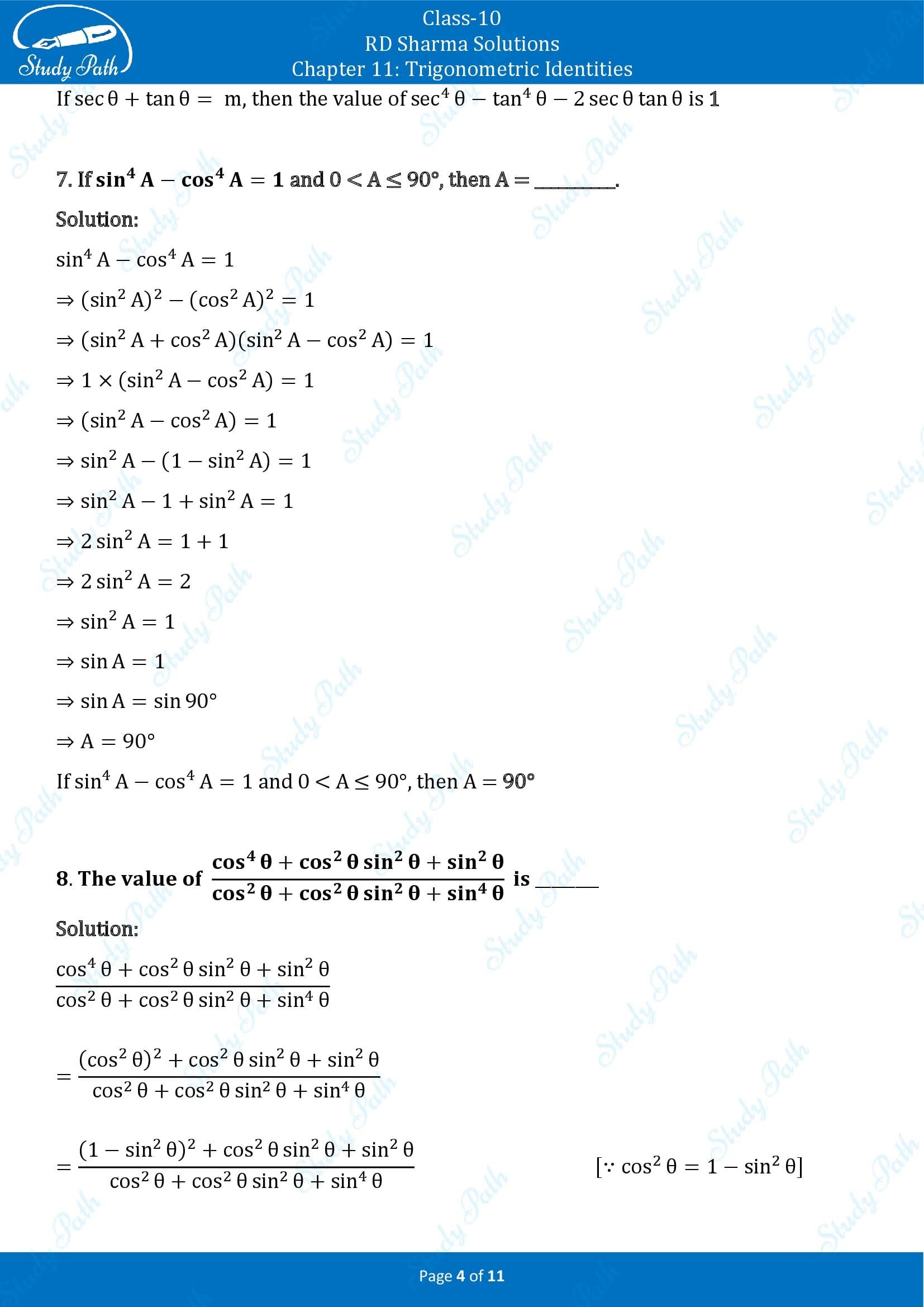 RD Sharma Solutions Class 10 Chapter 11 Trigonometric Identities Fill in the Blank Type Questions FBQs 00004