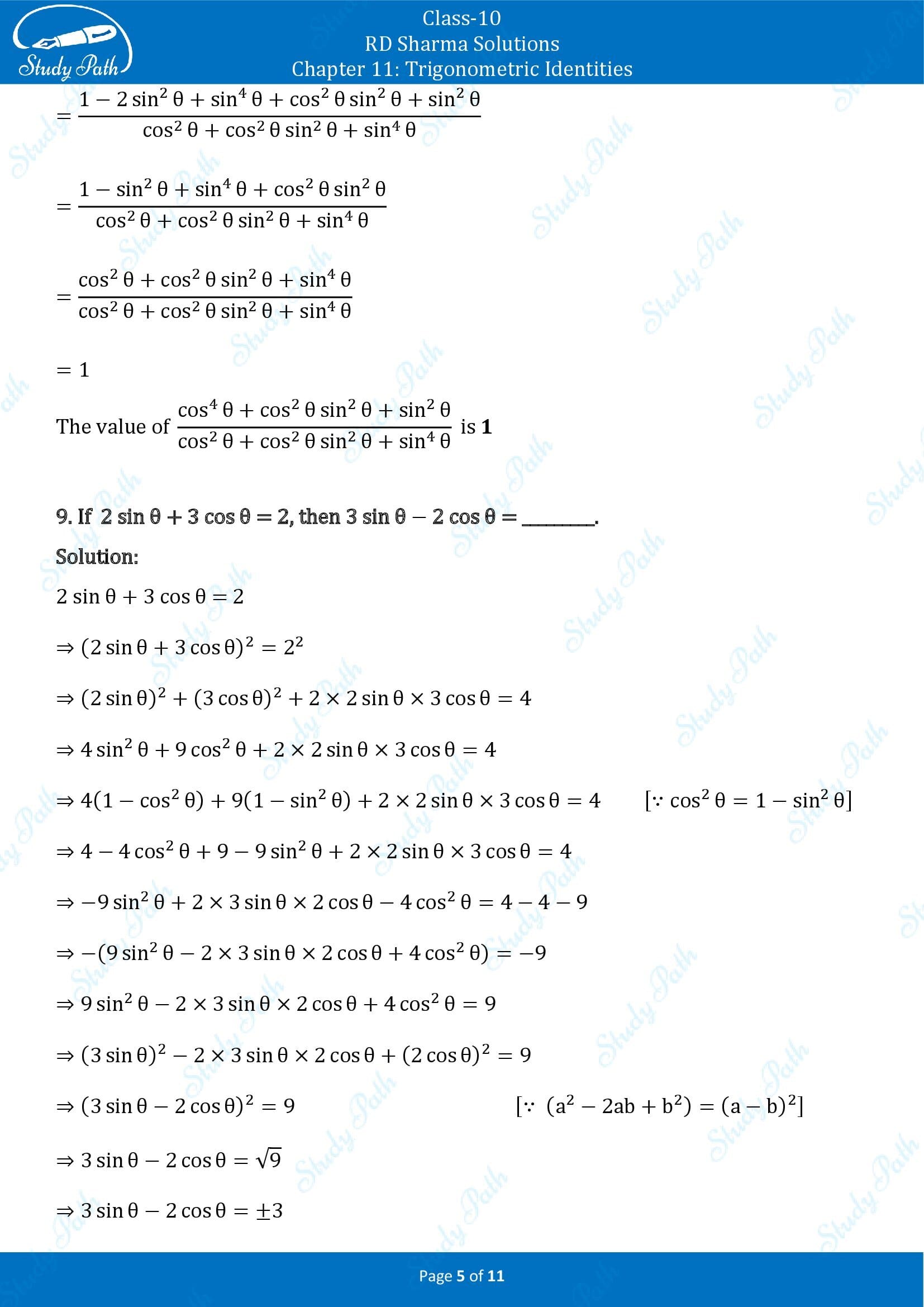 RD Sharma Solutions Class 10 Chapter 11 Trigonometric Identities Fill in the Blank Type Questions FBQs 00005