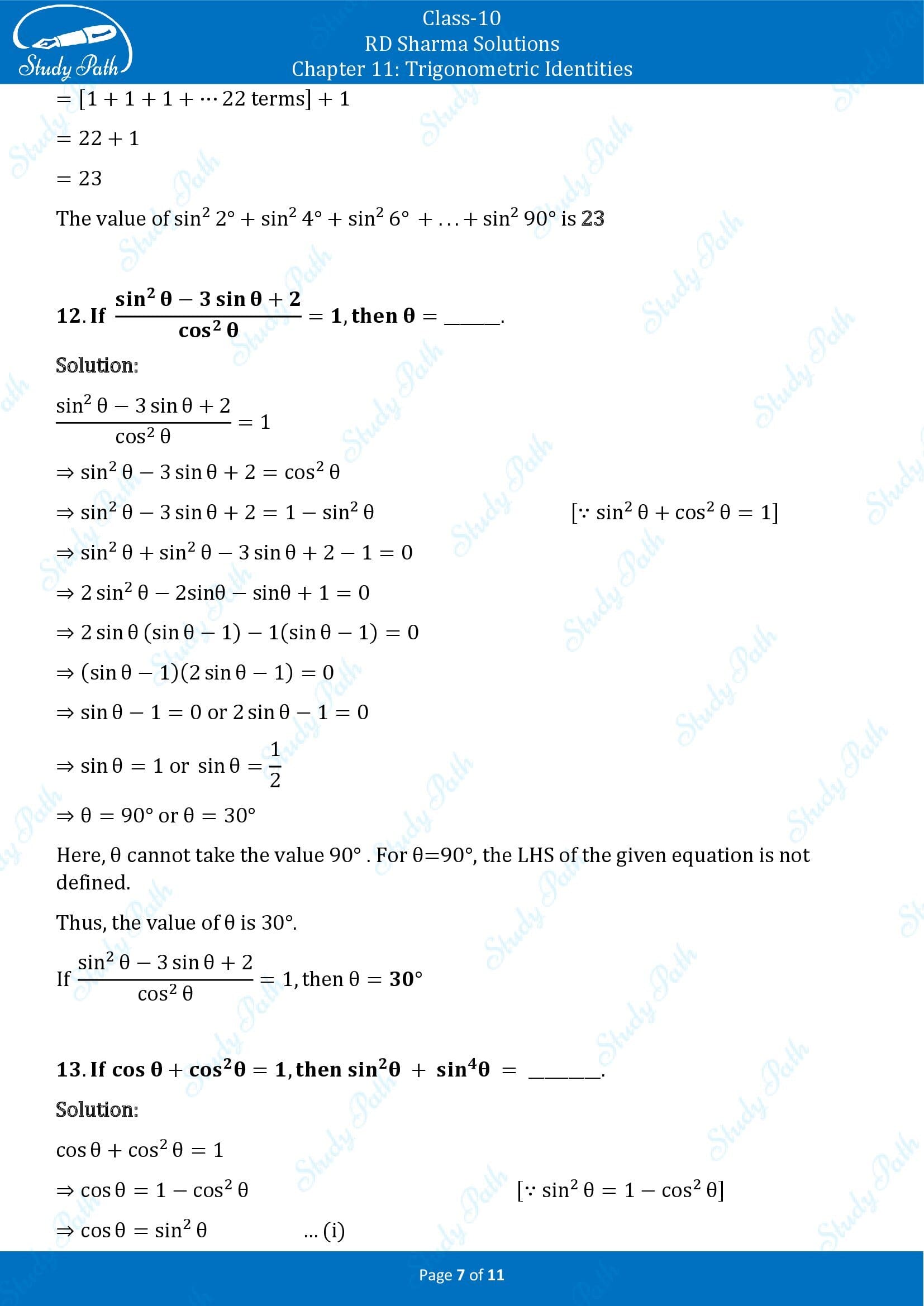 RD Sharma Solutions Class 10 Chapter 11 Trigonometric Identities Fill in the Blank Type Questions FBQs 00007