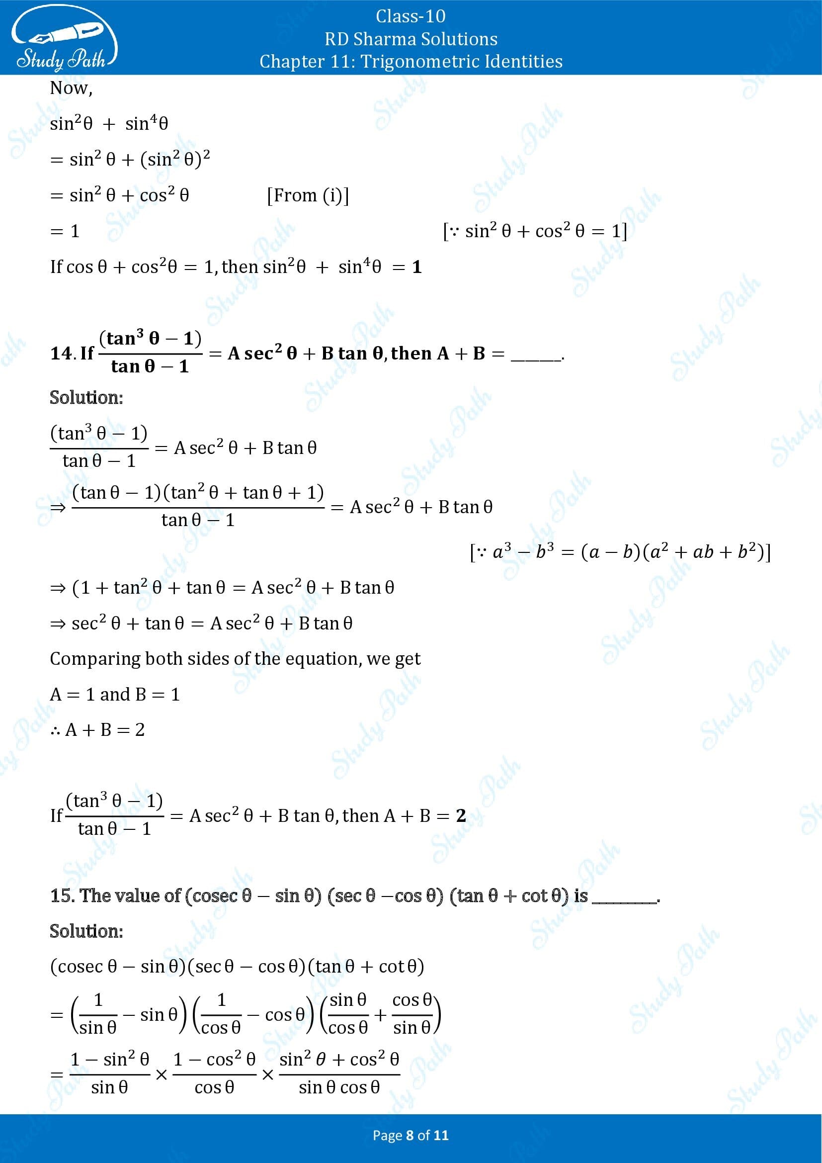 RD Sharma Solutions Class 10 Chapter 11 Trigonometric Identities Fill in the Blank Type Questions FBQs 00008