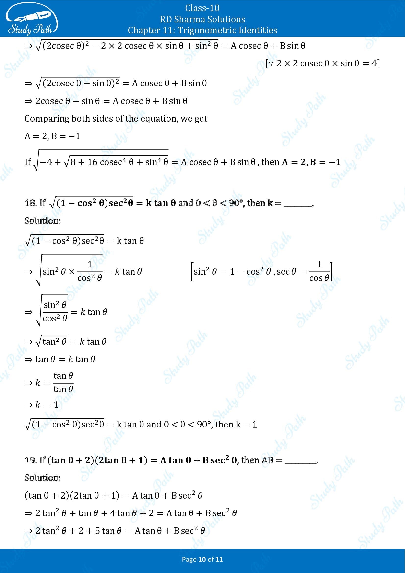 RD Sharma Solutions Class 10 Chapter 11 Trigonometric Identities Fill in the Blank Type Questions FBQs 00010