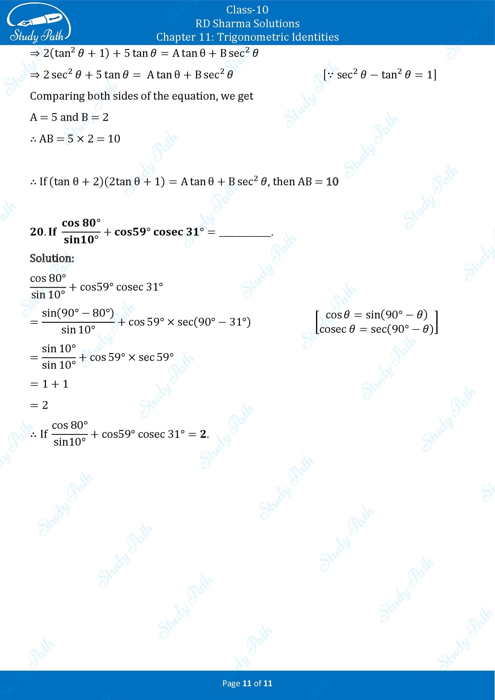 RD Sharma Solutions Class 10 Chapter 11 Trigonometric Identities Fill in the Blank Type Questions FBQs 00011