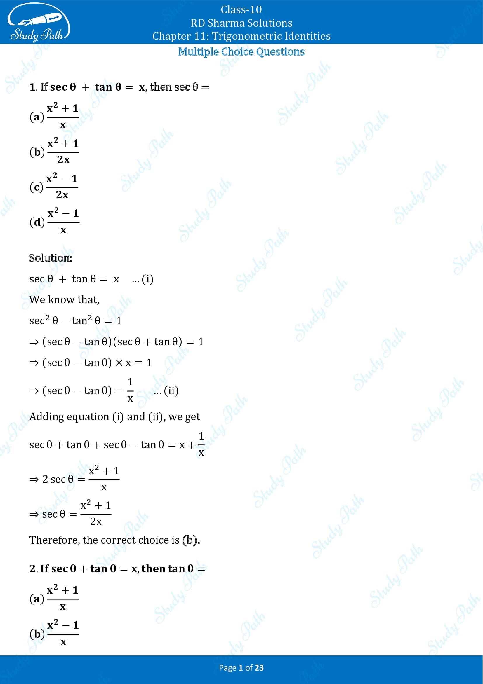 RD Sharma Solutions Class 10 Chapter 11 Trigonometric Identities Multiple Choice Questions MCQs 00001