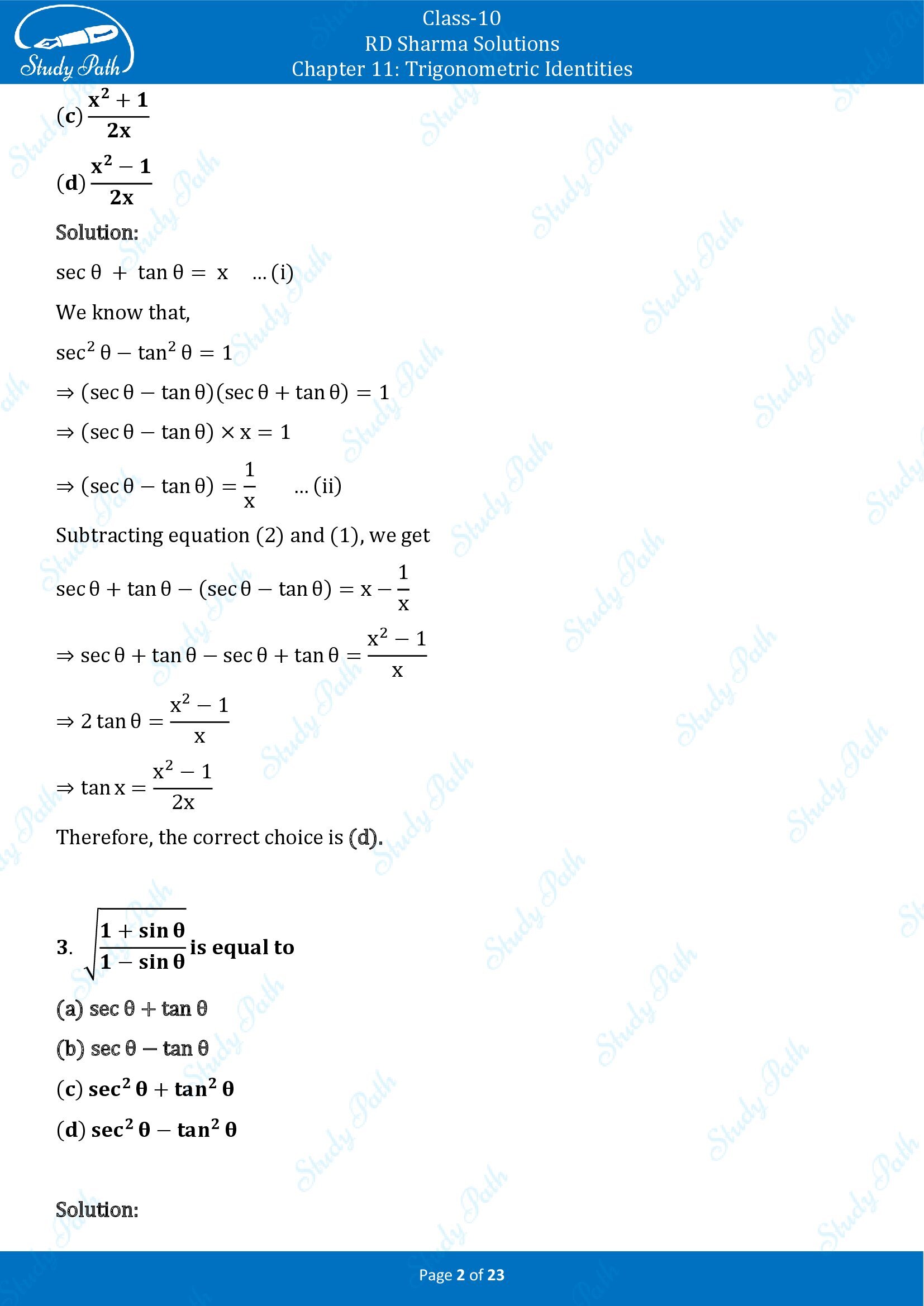 RD Sharma Solutions Class 10 Chapter 11 Trigonometric Identities Multiple Choice Questions MCQs 00002