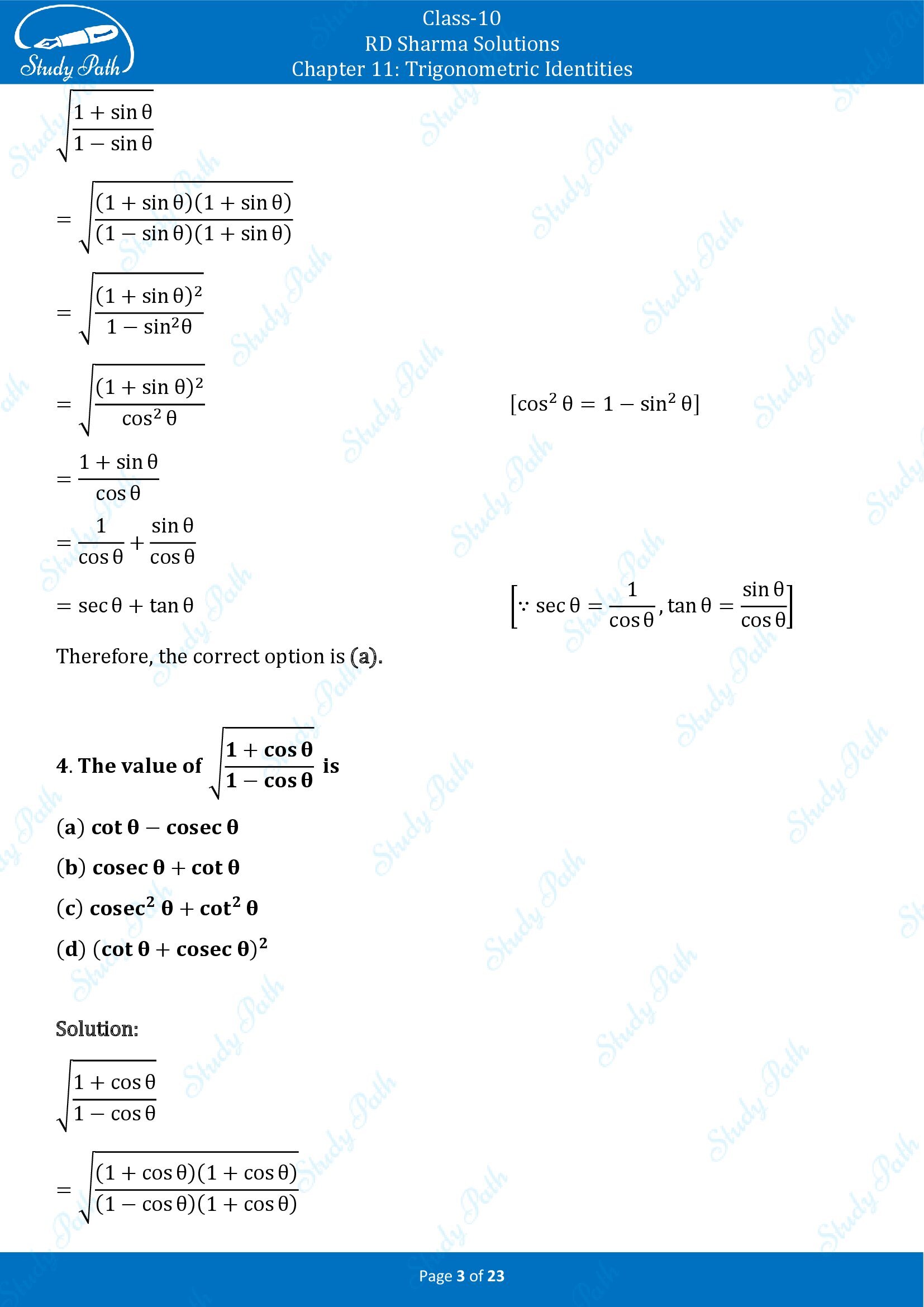 RD Sharma Solutions Class 10 Chapter 11 Trigonometric Identities Multiple Choice Questions MCQs 00003